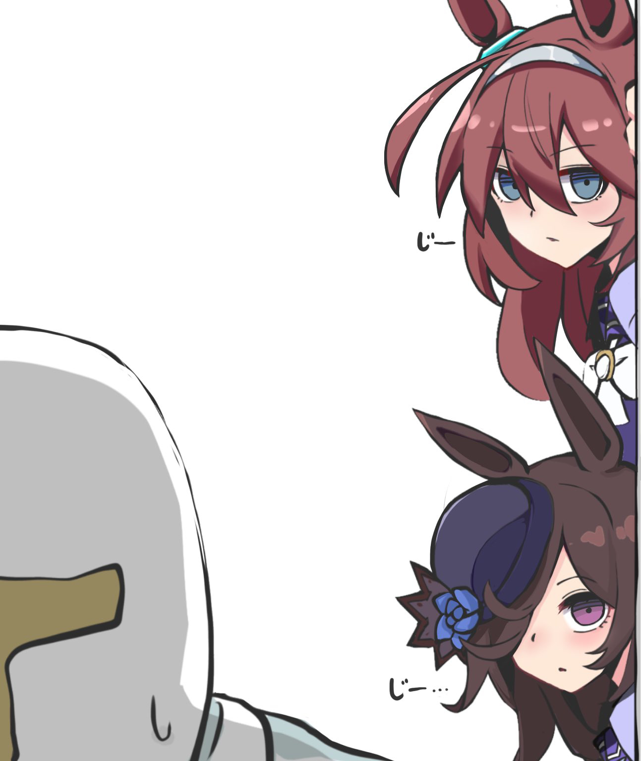 kawamochi (tddm3573), mihono bourbon (umamusume), rice shower (umamusume), t-head trainer (umamusume), trainer (umamusume), umamusume, highres, translation request, 1other, 2girls, ahoge, animal ears, blue eyes, bow, brown hair, grey hairband, hair between eyes, hair over one eye, hairband, horse ears, multiple girls, parted lips, peeking out, purple eyes, purple shirt, school uniform, shirt, simple background, tracen school uniform, white background, white bow