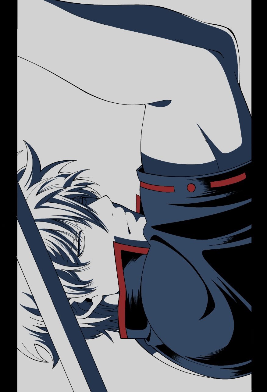 sakata gintoki, gintama, highres, 1boy, bokken, closed mouth, expressionless, from side, grey background, hair between eyes, holding, holding sword, holding weapon, looking at viewer, male focus, messy hair, pillarboxed, popped collar, ribbon-trimmed sleeves, ribbon trim, shirt, short hair, short sleeves, sideways, solo, sword, weapon, wooden sword, yubi nui21