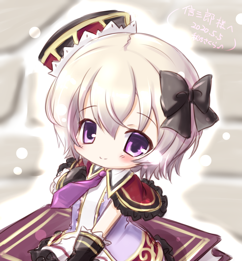 akino sakura, buch alma, emil chronicle online, 1girl, black hat, black ribbon, capelet, chibi, dress, hair ribbon, hat, jacket, necktie, purple eyes, purple jacket, purple necktie, red capelet, red hat, ribbon, sitting, solo, two-tone hat, white dress, white hair