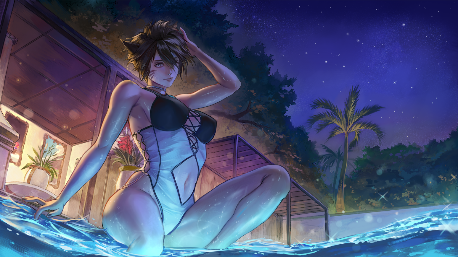 seneka grafika, warrior of light (ff14), final fantasy, final fantasy xiv, commission, 1girl, animal ears, breasts, brown eyes, brown hair, cat ears, clothing cutout, facial mark, hair between eyes, large breasts, lips, looking at viewer, miqo'te, navel, navel cutout, night, night sky, outdoors, palm tree, short hair, sitting, sky, tree, two-tone one-piece swimsuit, water, wet, whisker markings