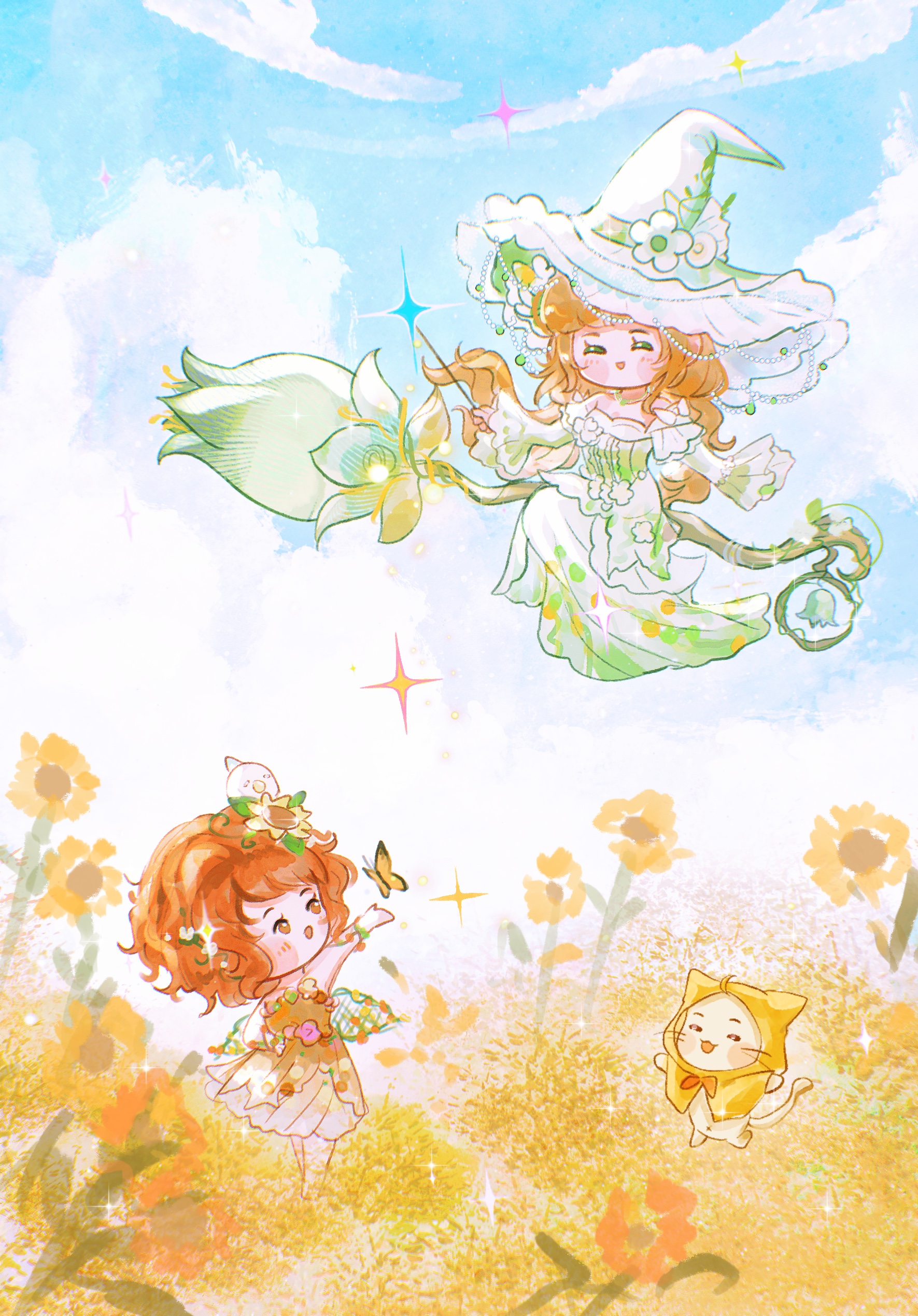momo (nikki), infinity nikki, nikki (series), absurdres, chinese commentary, commentary request, highres, 2girls, ^ ^, ahoge, animal, animal on head, bare legs, barefoot, beads, bird, bird on head, blush stickers, bow, bowtie, bracelet, broom, broom riding, brown eyes, brown hair, bug, butterfly, cat, center frills, chibi, cloak, closed eyes, clothed animal, day, dress, ear covers, eyelashes, fake wings, field, floating hair, floral print, flower, flower bracelet, flower field, frilled headwear, frilled sleeves, frills, grains of yesterday (infinity nikki), green dress, green hat, green wings, hair beads, hair flower, hair ornament, happy, hat, hat flower, holding, holding wand, hood, hood up, hooded cloak, insect, jewelry, layered dress, layered sleeves, leaf, long dress, long hair, long sleeves, looking at another, low twintails, magic, medium dress, messy hair, multiple girls, off-shoulder dress, off shoulder, on head, open mouth, orange dress, orange hair, outdoors, outstretched arm, pink flower, pleated dress, print dress, rainfall & blossoms (infinity nikki), red bow, red bowtie, short hair, short over long sleeves, short sleeves, sitting, sleeves past wrists, smile, sparkle, standing, strapless, strapless dress, sunflower, sunflower field, traditional bowtie, twintails, very long hair, wand, whiskers, white cat, white dress, white flower, white sleeves, wind, wings, witch, witch hat, wu nanshan, yellow butterfly, yellow cloak, yellow flower