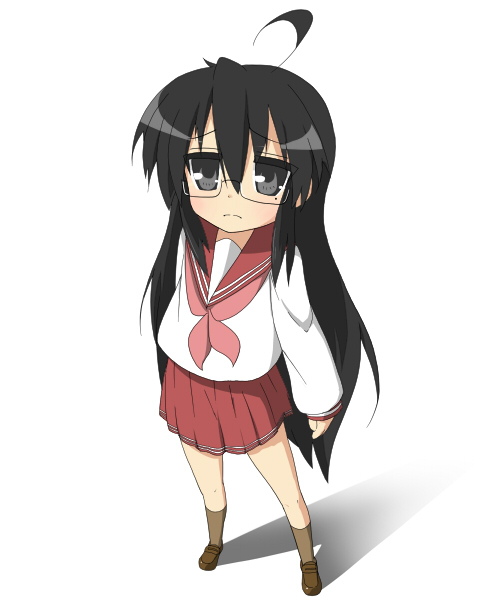 suzumiya annko, izumi konata, kurokona, lucky star, bad id, bad pixiv id, 00s, 1girl, ahoge, black eyes, black hair, female focus, glasses, long hair, mole, mole under eye, school uniform, serafuku, solo, standing, very long hair