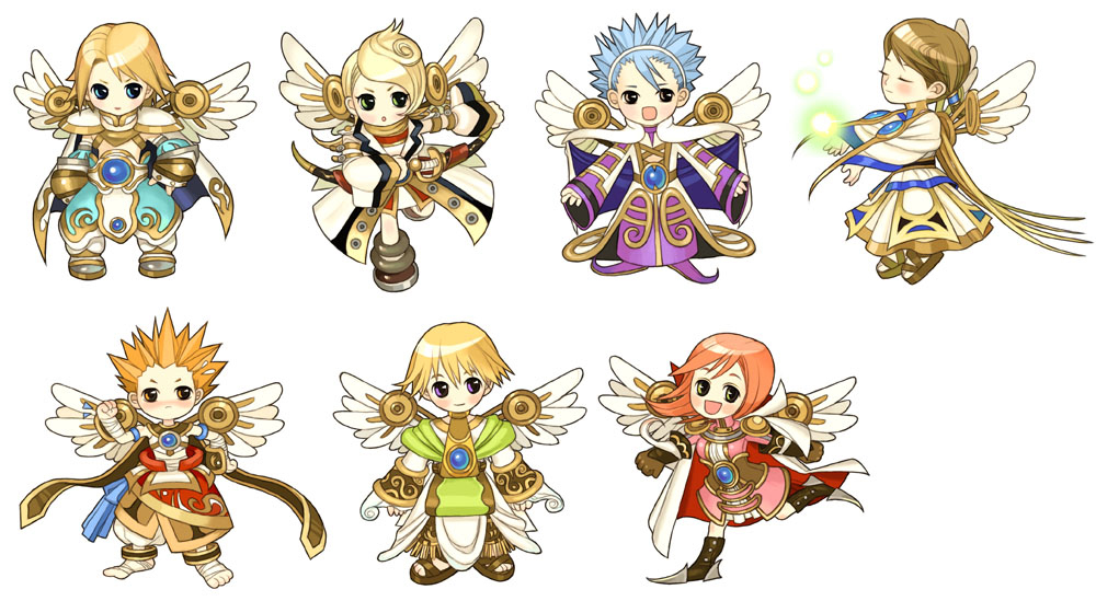 asgard, nexon, artist request, official art, second-party source, 3girls, 4boys, absurdly long hair, aqua eyes, aqua gemstone, aqua skirt, arm belt, arm wrap, armor, belt, black boots, blonde hair, blue cape, blue gemstone, blue trim, blush, boots, brown collar, brown gloves, brown sandals, brown shoes, cape, chibi, chibi only, clenched hands, closed eyes, closed mouth, coat, collar, cross-laced coat, detached sleeves, dress, foot wraps, gem, gladiator sandals, gloves, gold trim, gold wrist cuffs, hairband, hand on own hip, knee boots, lapels, light particles, long hair, long skirt, looking to the side, multiple boys, multiple girls, notched lapels, open mouth, orange hair, pauldrons, pink dress, pink hair, pointy shoes, purple skirt, purple sleeves, red cape, sandals, sheath, sheathed, shoes, shoulder armor, skirt, sleeveless, sleeveless coat, sleeves past wrists, spiked hair, straight hair, sword, two-sided cape, two-sided fabric, very long hair, weapon, white background, white cape, white coat, white hairband, white skirt, white sleeves, white wings, wings, wrist cuffs, yellow belt