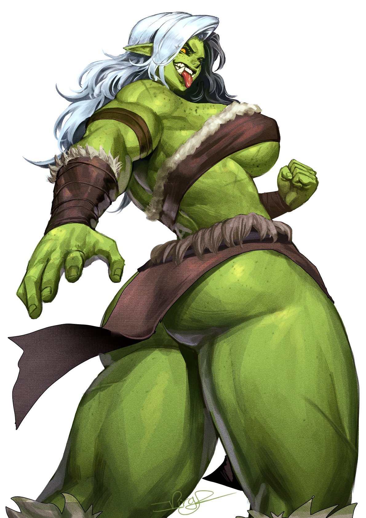 virgoart, original, highres, 1girl, arm wrap, ass, back, back focus, backboob, bare back, bare shoulders, boots, bra, bracer, breasts, butt crack, colored skin, female orc, from behind, from below, full body, fur-trimmed boots, fur-trimmed bra, fur-trimmed bracer, fur trim, green skin, huge ass, leather bra, leather loincloth, loincloth, long hair, looking at viewer, looking back, median furrow, muscular, muscular female, orc, pelvic curtain, pointy ears, scar, scar on breasts, sharp teeth, shoulder blades, sideboob, solo, static background, tall female, teeth, thick thighs, thighs, tongue, tongue out, tusks, underwear, white hair, yellow eyes