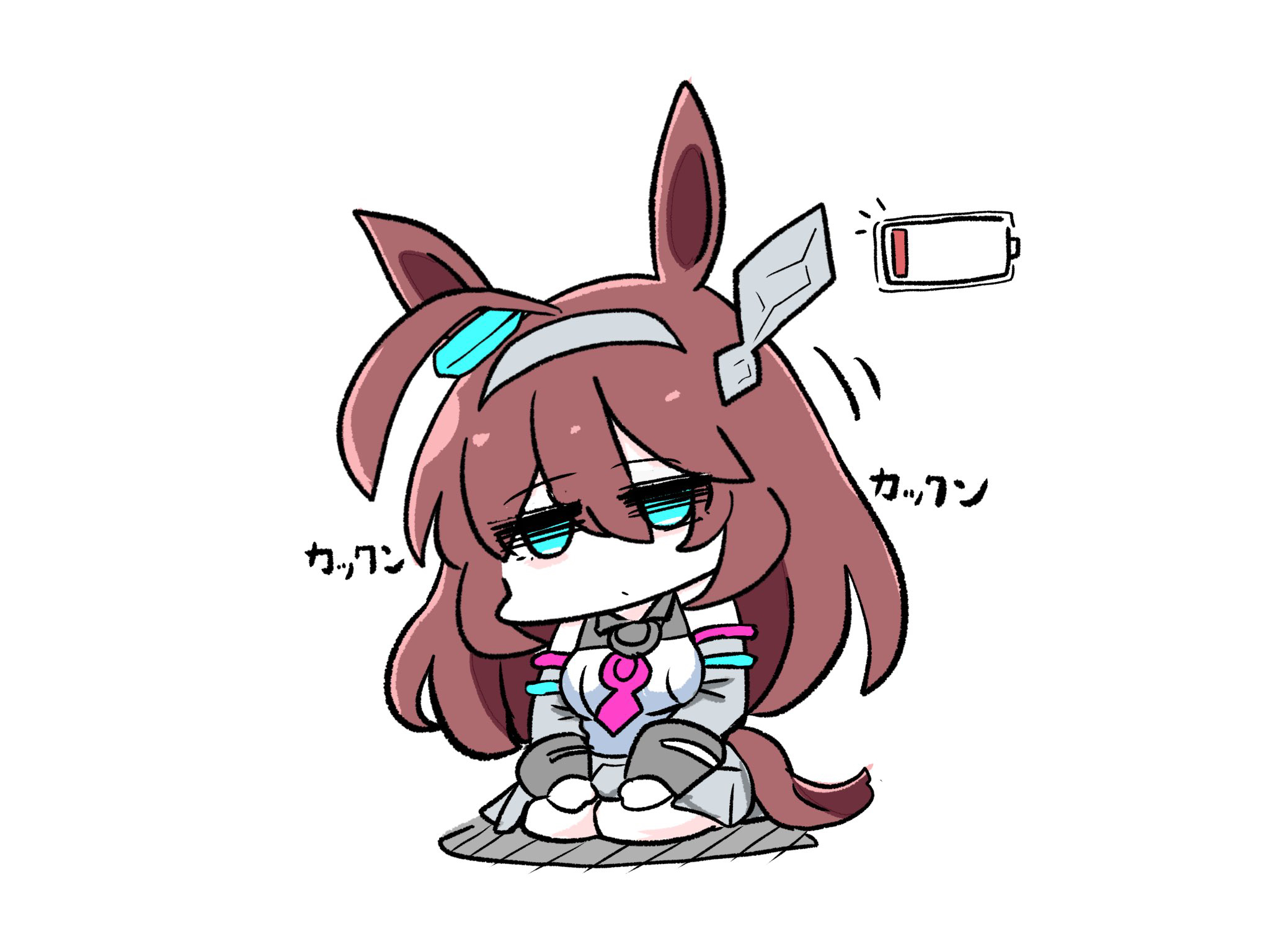 kawamochi (tddm3573), mihono bourbon (mb-19890425) (umamusume), mihono bourbon (umamusume), umamusume, highres, translation request, 1girl, ahoge, animal ears, battery indicator, blue eyes, breasts, brown hair, chibi, closed mouth, grey hairband, grey skirt, hair between eyes, hairband, horse ears, horse girl, horse tail, leotard, long hair, medium breasts, pleated skirt, seiza, simple background, sitting, skirt, solo, tail, very long hair, white background, white leotard