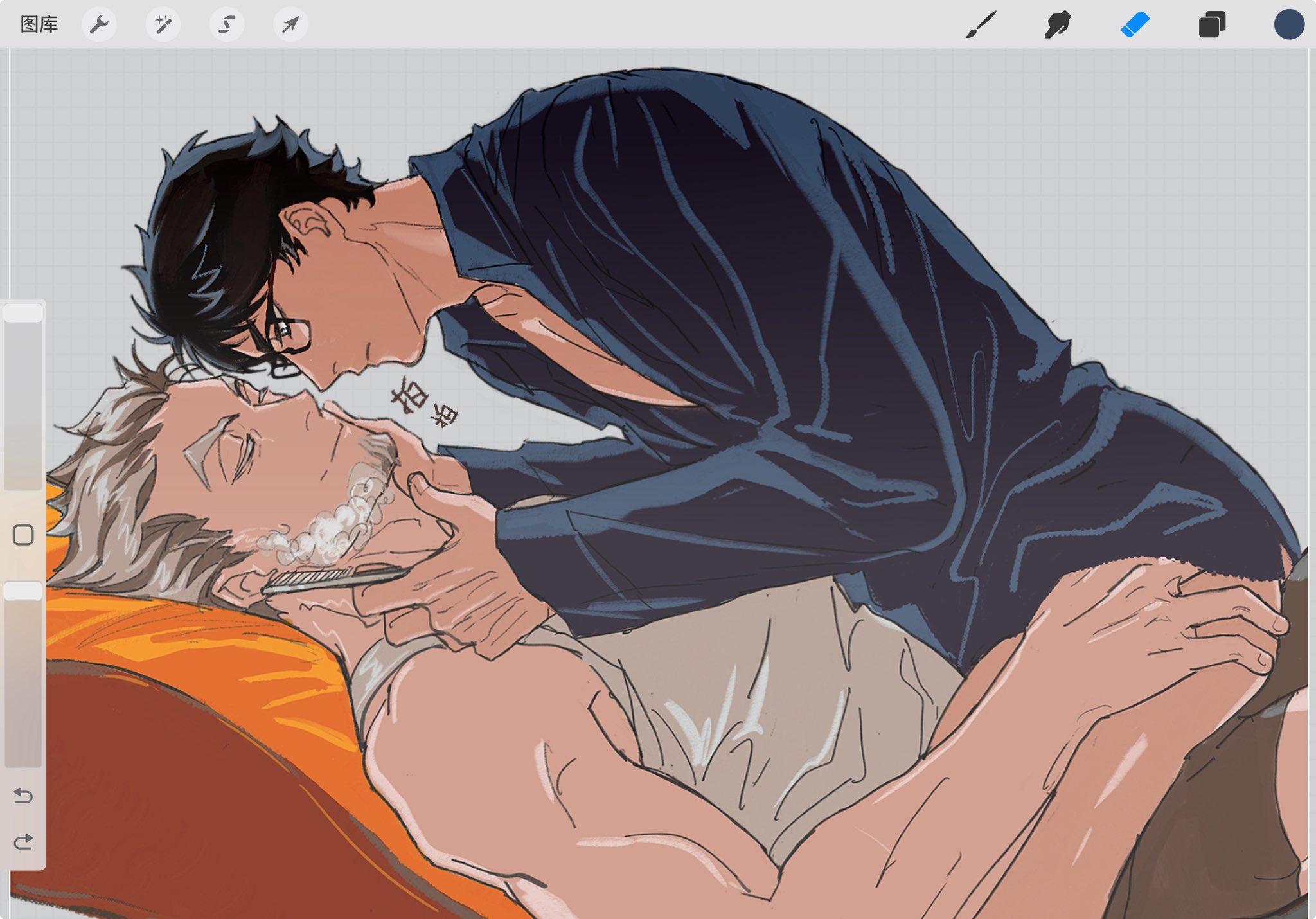 koukiki9, akaashi keiji, bokuto koutarou, haikyuu!!, commentary, english commentary, highres, 2boys, art program in frame, black-framed eyewear, black hair, blue shirt, bottomless, brown pants, closed eyes, closed mouth, collared shirt, facial hair, glasses, goatee, grey hair, hand on own ass, male focus, multiple boys, pants, shaving, shaving cream, shirt, tank top, thick eyebrows, thighs, white tank top, yaoi