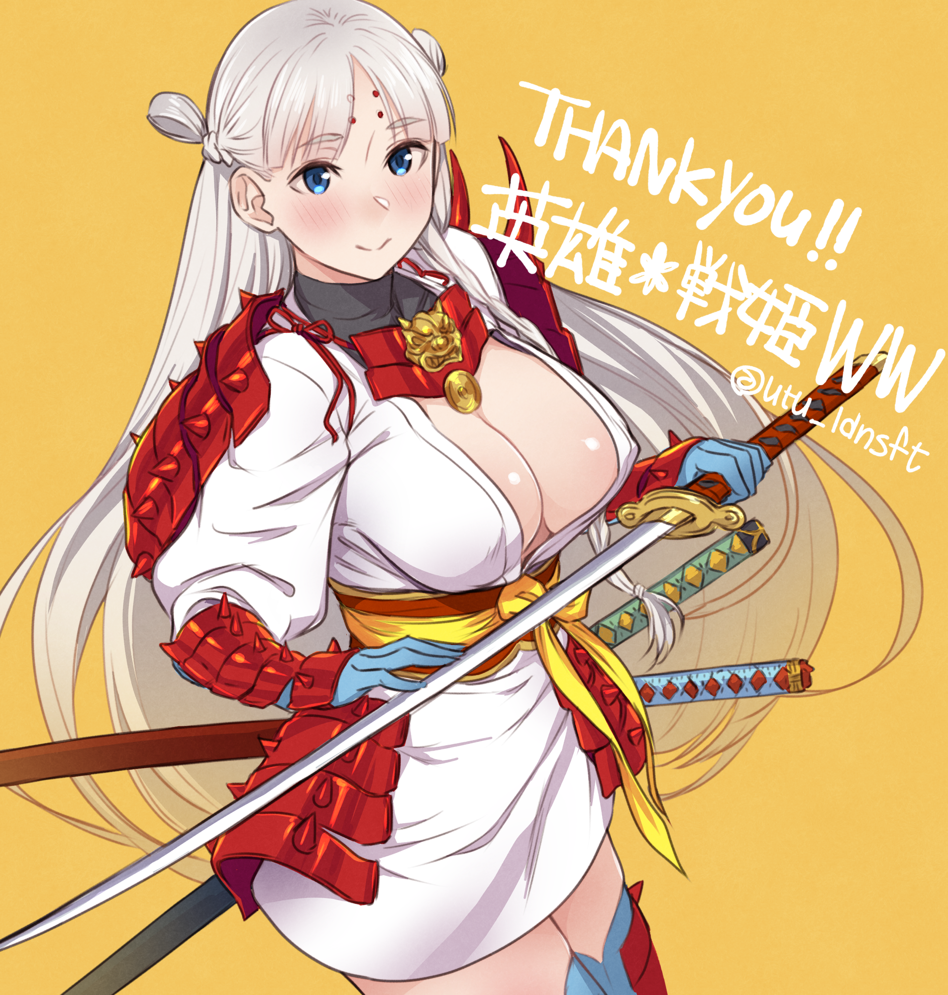 utu (ldnsft), eiyuu senki ww, character request, commentary request, highres, translation request, 1girl, armor, artist name, blue eyes, blue gloves, blush, breasts, cleavage, closed mouth, cowboy shot, gloves, holding, holding sword, holding weapon, japanese clothes, katana, kimono, large breasts, long hair, multiple swords, parted bangs, red armor, scabbard, sheath, sheathed, short kimono, smile, solo, sword, thank you, unsheathed, weapon, white kimono, yellow background