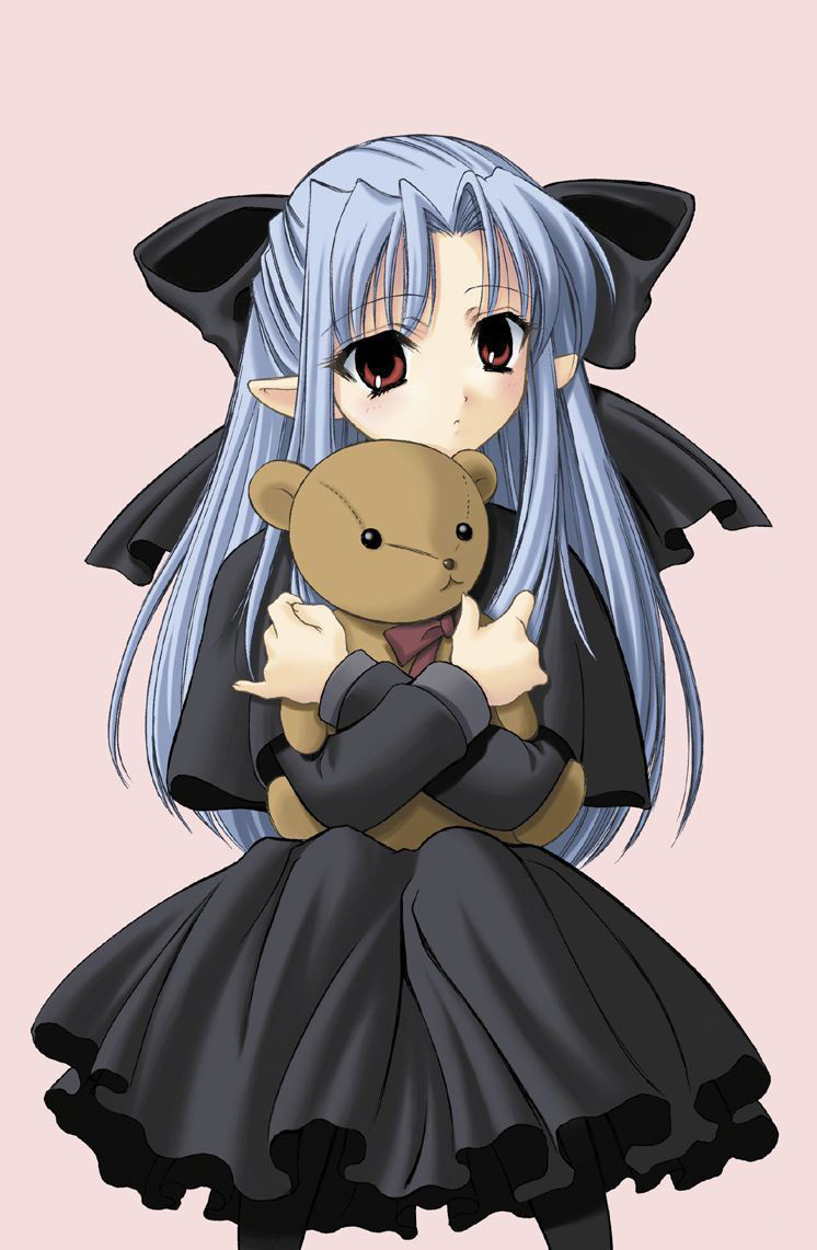 len (tsukihime), tsukihime, 00s, 1girl, black dress, blue hair, bow, capelet, doll, dress, female focus, hair bow, hair ribbon, half updo, hug, hugging doll, hugging object, pantyhose, pointy ears, red eyes, ribbon, solo, stuffed animal, stuffed toy, teddy bear