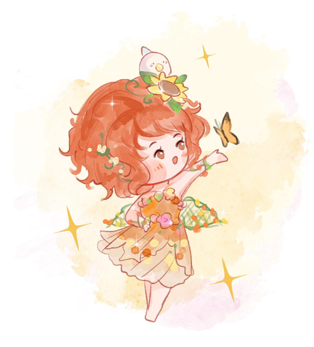 infinity nikki, nikki (series), chinese commentary, commentary request, highres, 1girl, animal, animal on head, bird, bird on head, blush stickers, border, bracelet, brown eyes, bug, butterfly, chibi, dress, dress flower, eyelashes, fake wings, floating clothes, floral print, flower, flower bracelet, grains of yesterday (infinity nikki), green wings, hair flower, hair ornament, hand on own hip, happy, insect, jewelry, leaf, looking up, messy hair, on head, open mouth, orange butterfly, orange dress, orange hair, outstretched arm, pink flower, plant, pleated dress, print dress, round border, short hair, smile, solo, sparkle, strapless, strapless dress, sunflower, vines, white bird, white border, white flower, wind, wings, wu nanshan, yellow background, yellow flower