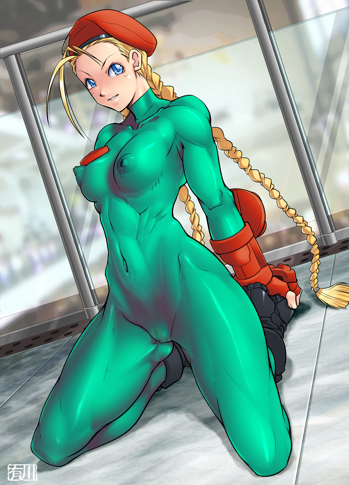 qkat (arikawa-dou), cammy white, capcom, street fighter, highres, 1girl, alternate costume, antenna hair, beret, blonde hair, blue eyes, bodypaint, bodysuit, boots, braid, breasts, censored, collarbone, covered erect nipples, dutch angle, false clothes, female focus, female pubic hair, fingerless gloves, floor, gloves, hat, kneeling, long hair, looking at viewer, medium breasts, mosaic censoring, muscular, navel, nipples, painted clothes, pointless censoring, pubic hair, puffy nipples, sitting, skin tight, solo, twin braids, very long hair, window