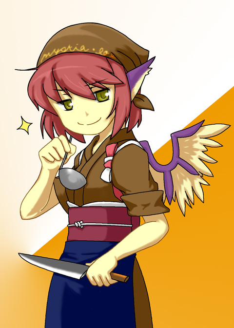 cap105, mystia lorelei, okamisty, touhou, bad id, bad pixiv id, 1girl, animal ears, female focus, japanese clothes, kitchen knife, knife, ladle, red hair, short hair, solo, tasuki, wings, yellow eyes