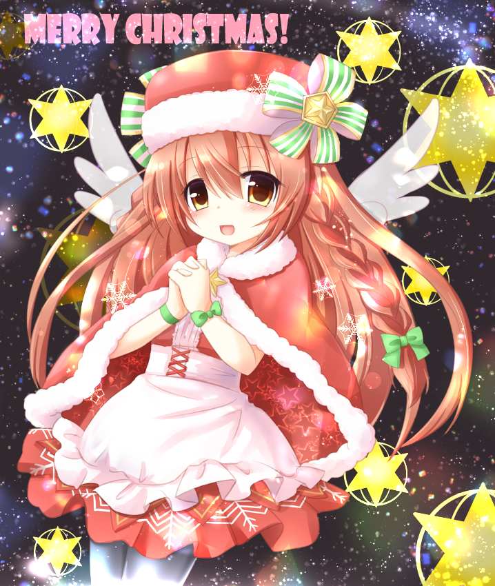 akino sakura, stella lore, emil chronicle online, 1girl, alternate costume, apron, black background, braid, brown eyes, brown hair, cape, dress, frilled apron, frills, fur cape, green ribbon, green wrist cuffs, hat, hat ribbon, long hair, merry christmas, open mouth, own hands clasped, own hands together, red cape, red dress, ribbon, santa costume, santa hat, solo, star (symbol), thighhighs, waist apron, white apron, white thighhighs, white wings, wings, wrist cuffs