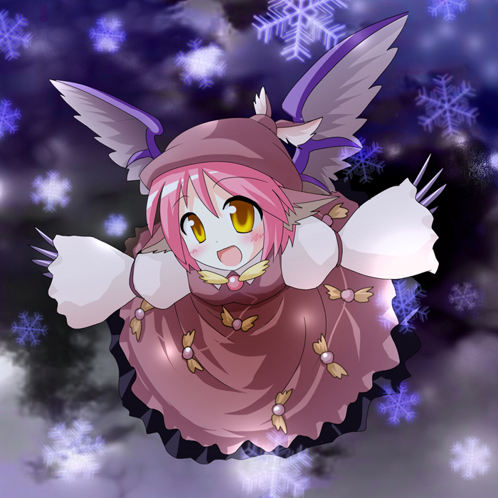 des (namaasi), mystia lorelei, touhou, 1girl, animal ears, blush, female focus, fingernails, full body, hat, long fingernails, nail (hardware), pink hair, short hair, snow, solo, wings, yellow eyes