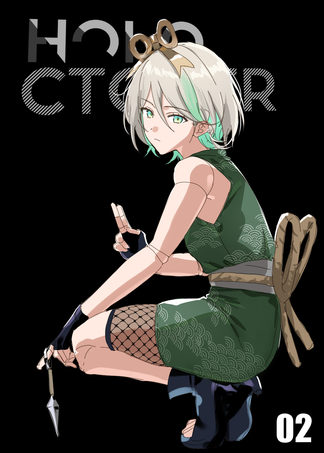 hievasp, cecilia immergreen, hololive, hololive english, commentary, highres, 1girl, alternate costume, black background, black gloves, black shoes, closed mouth, doll joints, fingerless gloves, fishnets, from side, gloves, green eyes, green hair, green kimono, grey hair, hair between eyes, holding, holding kunai, holding weapon, japanese clothes, joints, kimono, kuji-in, kunai, looking at viewer, multicolored hair, ninja, obi, open-toe shoes, rope, sash, seigaiha, shimenawa, shoes, short hair, simple background, sleeveless, sleeveless kimono, solo, streaked hair, tiptoes, virtual youtuber, weapon, winding key