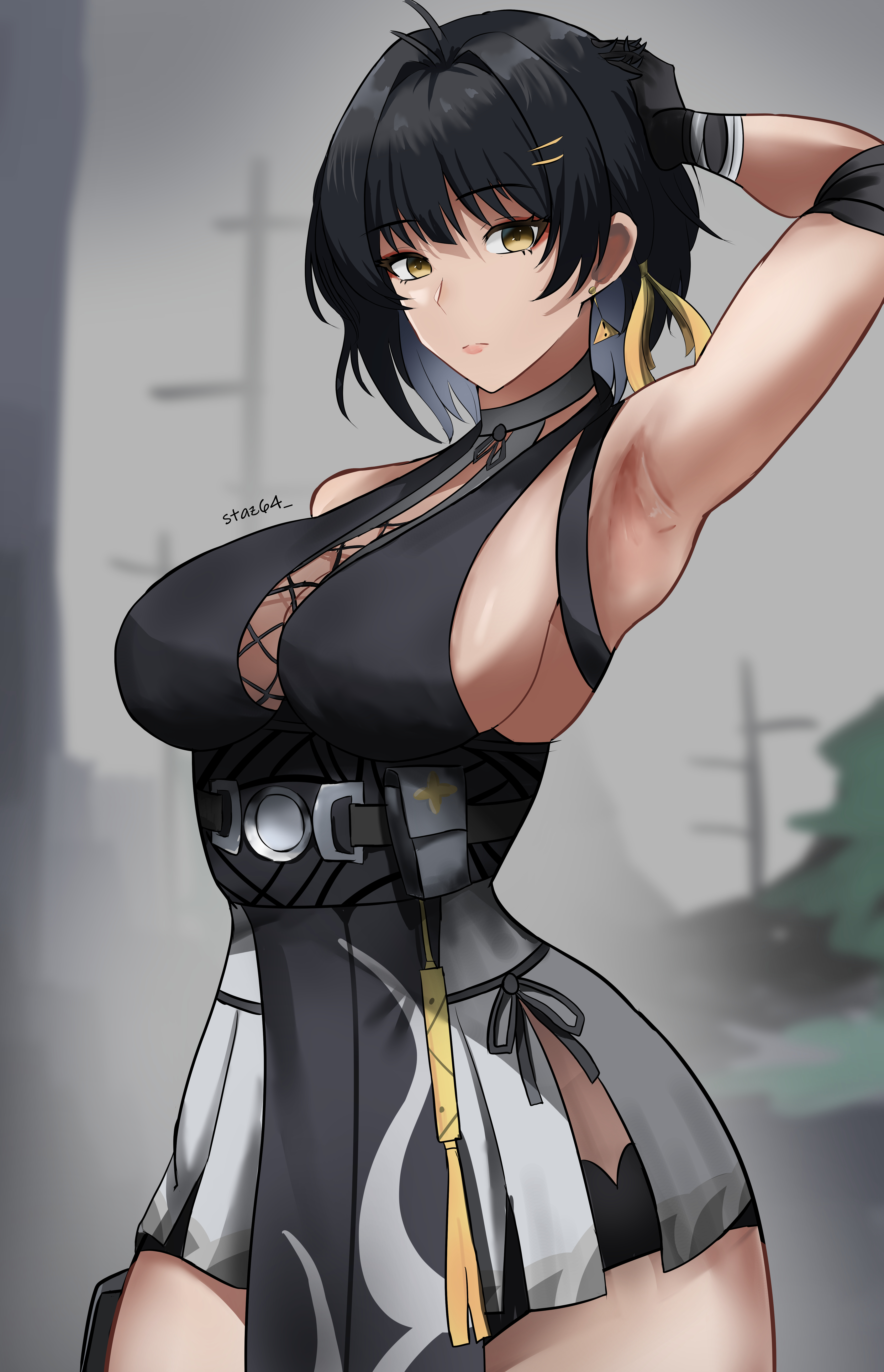 staz64, female rover (wuthering waves), rover (wuthering waves), wuthering waves, absurdres, commentary, english commentary, highres, 1girl, arm up, armpits, bare shoulders, black dress, black hair, black shorts, closed mouth, cowboy shot, cross-laced clothes, cross-laced dress, dress, elbow pads, hair ornament, hair ribbon, hairclip, looking at viewer, medium hair, parallel hairclips, ribbon, short shorts, shorts, sleeveless, sleeveless dress, solo, yellow eyes, yellow ribbon