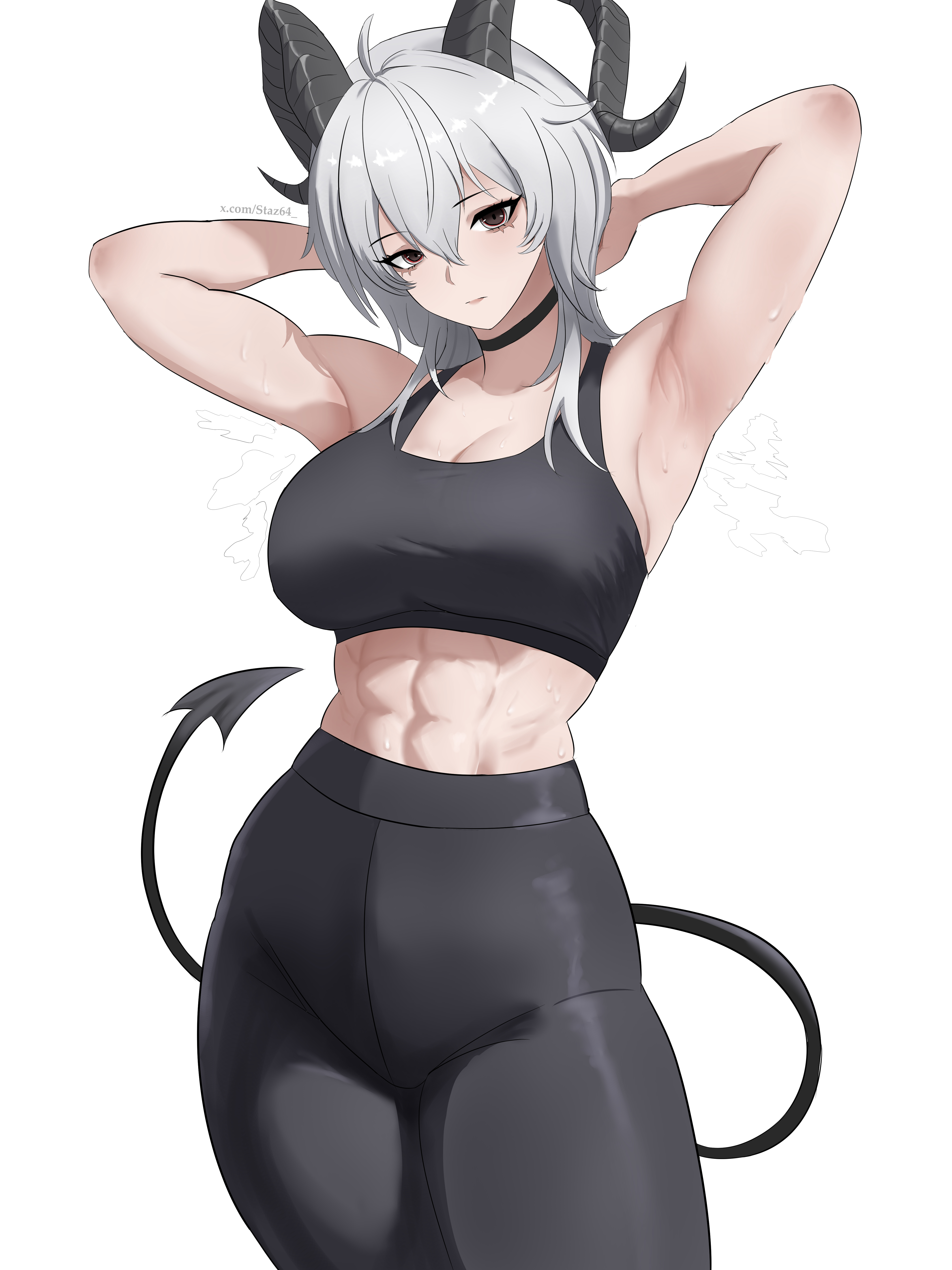 staz64, zani (wuthering waves), wuthering waves, absurdres, commentary, english commentary, highres, 1girl, abs, ahoge, armpits, arms up, bare shoulders, black choker, black eyes, black horns, black leggings, black sports bra, black tail, breasts, choker, cleavage, closed mouth, collarbone, cowboy shot, curled horns, demon tail, grey hair, hair between eyes, horns, large breasts, leggings, long hair, looking at viewer, muscular, muscular female, pants, simple background, solo, sports bra, tail, white background, yoga pants