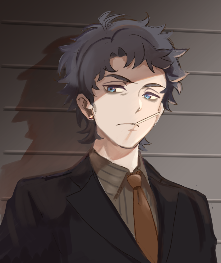 kuji chikai, sarazanmai, commentary request, 1boy, bags under eyes, black hair, black jacket, blue eyes, chiromikko, closed mouth, collared shirt, grey shirt, jacket, looking at viewer, male focus, necktie, orange necktie, shadow, shirt, short hair, sideburns, solo, upper body