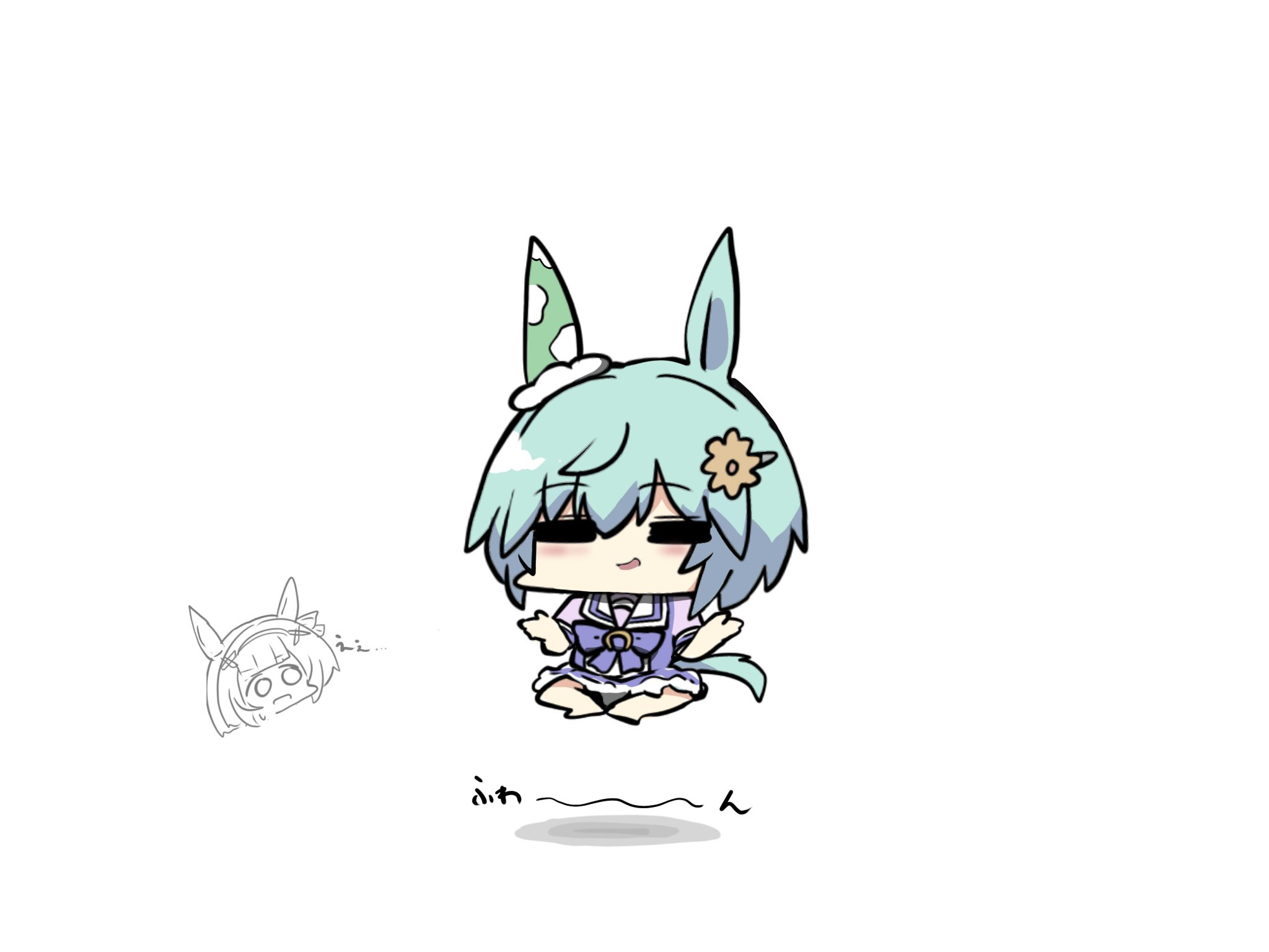 kawamochi (tddm3573), nishino flower (umamusume), seiun sky (umamusume), umamusume, highres, 2girls, animal ears, barefoot, blue hair, blush stickers, bow, brown flower, chibi, closed eyes, facing viewer, floating, flower, hair between eyes, hair flower, hair ornament, hairband, hairclip, horse ears, horse girl, horse tail, levitation, multiple girls, parted lips, pleated skirt, puffy short sleeves, puffy sleeves, purple bow, purple shirt, shirt, short sleeves, simple background, skirt, smirk, tail, white background, white skirt, x hair ornament