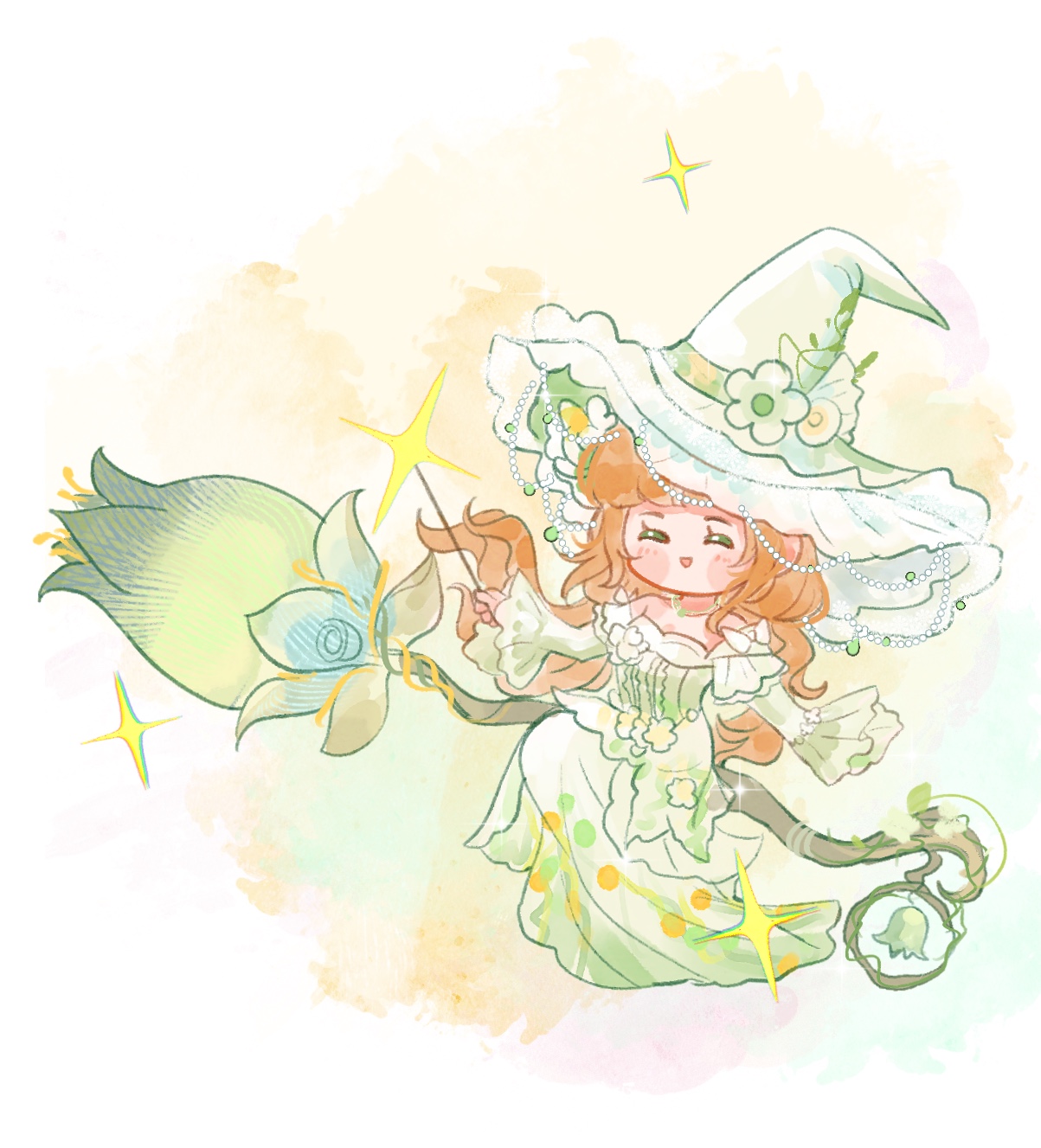 infinity nikki, nikki (series), chinese commentary, commentary request, highres, 1girl, ^ ^, bare shoulders, beads, blush stickers, border, breasts, broom, broom riding, brown hair, butterfly hat ornament, center frills, chibi, cleavage, closed eyes, colorful background, dress, dress flower, eyelashes, floating hair, floral print, flower, frilled headwear, frilled sleeves, frills, green dress, green flower, green hat, hair beads, hair flower, hair ornament, happy, hat, hat flower, hat ornament, holding, holding wand, jewelry, layered sleeves, long dress, long hair, long sleeves, low twintails, necklace, off-shoulder dress, off shoulder, open mouth, outstretched arm, pleated dress, print dress, print headwear, rainfall & blossoms (infinity nikki), round border, short over long sleeves, short sleeves, sitting, sleeves past wrists, smile, solo, sparkle, twintails, very long hair, wand, wavy hair, white border, white flower, wind, witch, witch hat, wu nanshan, yellow flower