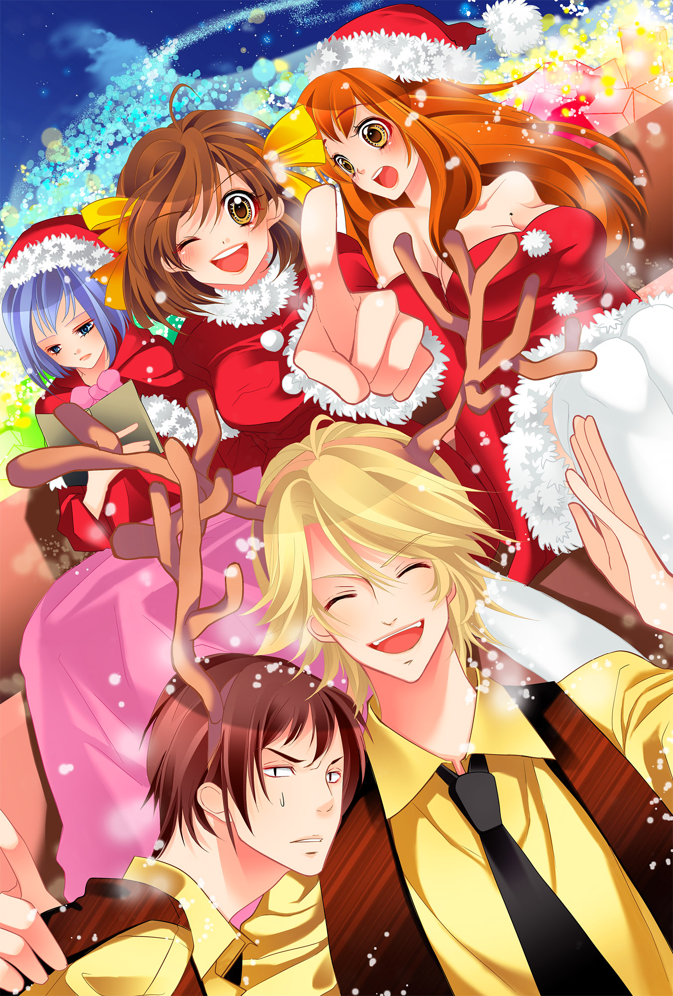 yu (artist), asahina mikuru, koizumi itsuki, kyon, nagato yuki, suzumiya haruhi, suzumiya haruhi no yuuutsu, bad id, bad pixiv id, highres, 00s, 2boys, 3girls, christmas, multiple boys, multiple girls, santa costume