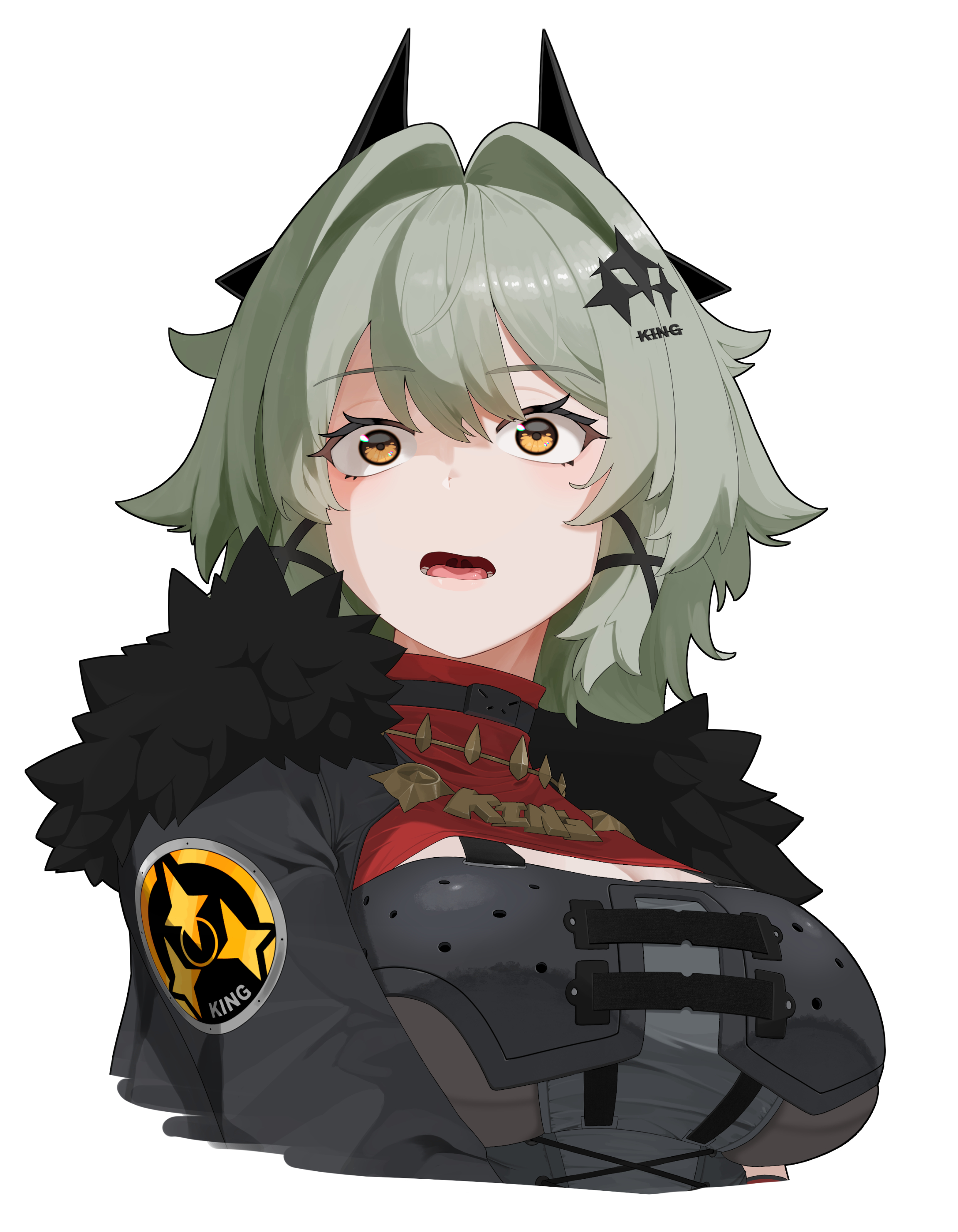 shinarika396, caesar king (zenless zone zero), zenless zone zero, absurdres, highres, 1girl, armor, breastplate, breasts, cleavage, fur-trimmed jacket, fur trim, green hair, hair between eyes, hair ornament, hairpin, jacket, lower teeth only, open mouth, red shirt, shirt, single hair intake, solo, spikes, surprised, teeth, tongue, white background, yellow eyes