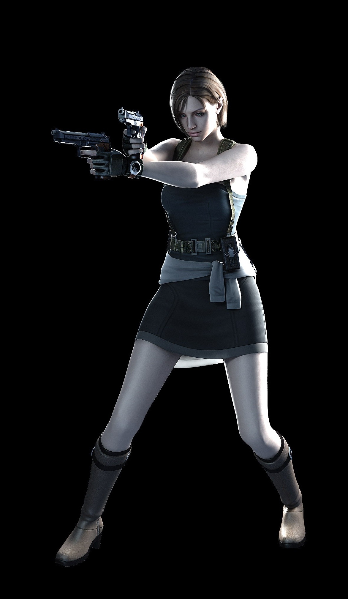 jill valentine, capcom, resident evil, resident evil (remake), resident evil 3: nemesis, artist request, highres, official art, source request, 1girl, 3d, beretta 92, blue eyes, boots, brown hair, dark, dual wielding, female focus, gloves, gun, handgun, hands on own hips, holding, pencil skirt, pistol, semi-automatic pistol, short hair, skirt, solo, strapless, tube top, weapon