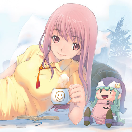hirokiku, original, bad id, bad pixiv id, lowres, book, cup, doll, lying, mug, pillow, pink eyes, pink hair, solo
