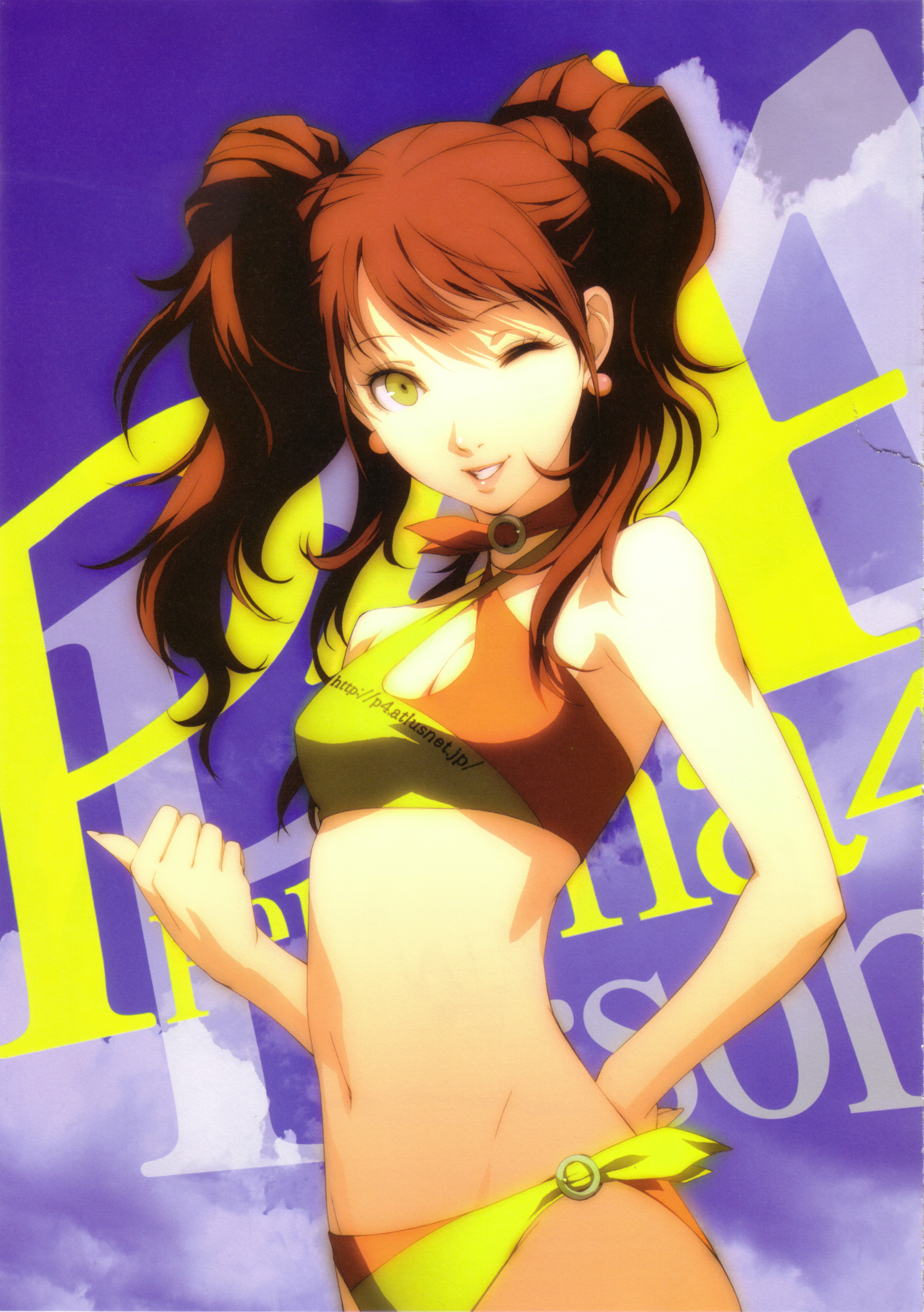 soejima shigenori, kujikawa rise, atlus, persona, persona 4, absurdres, artbook, highres, official art, scan, 1girl, bikini, female focus, grin, lips, navel, one eye closed, red hair, smile, solo, swimsuit, twintails, wink, yellow bikini, yellow eyes