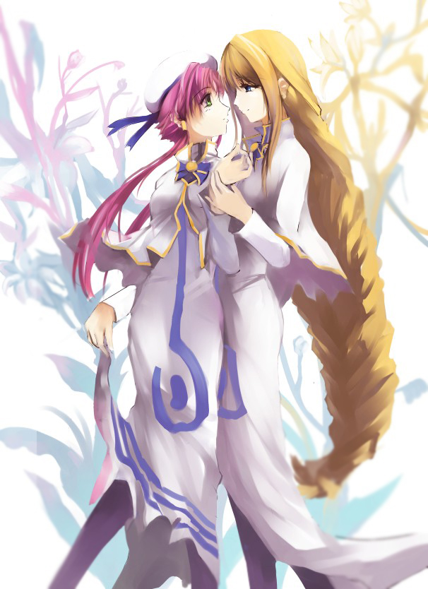 darkdoor, alicia florence, mizunashi akari, aria (manga), 00s, 2girls, beret, blonde hair, blue eyes, braid, green eyes, hat, high collar, long hair, multiple girls, pantyhose, pink hair, purple pantyhose, very long hair, yuri