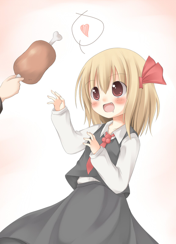 nami (cassette), rumia, embodiment of scarlet devil, touhou, 1girl, blonde hair, boned meat, fang, female focus, food, hair ornament, heart, meat, necktie, red eyes, red necktie, ribbon, saliva, solo, speech bubble, spoken heart