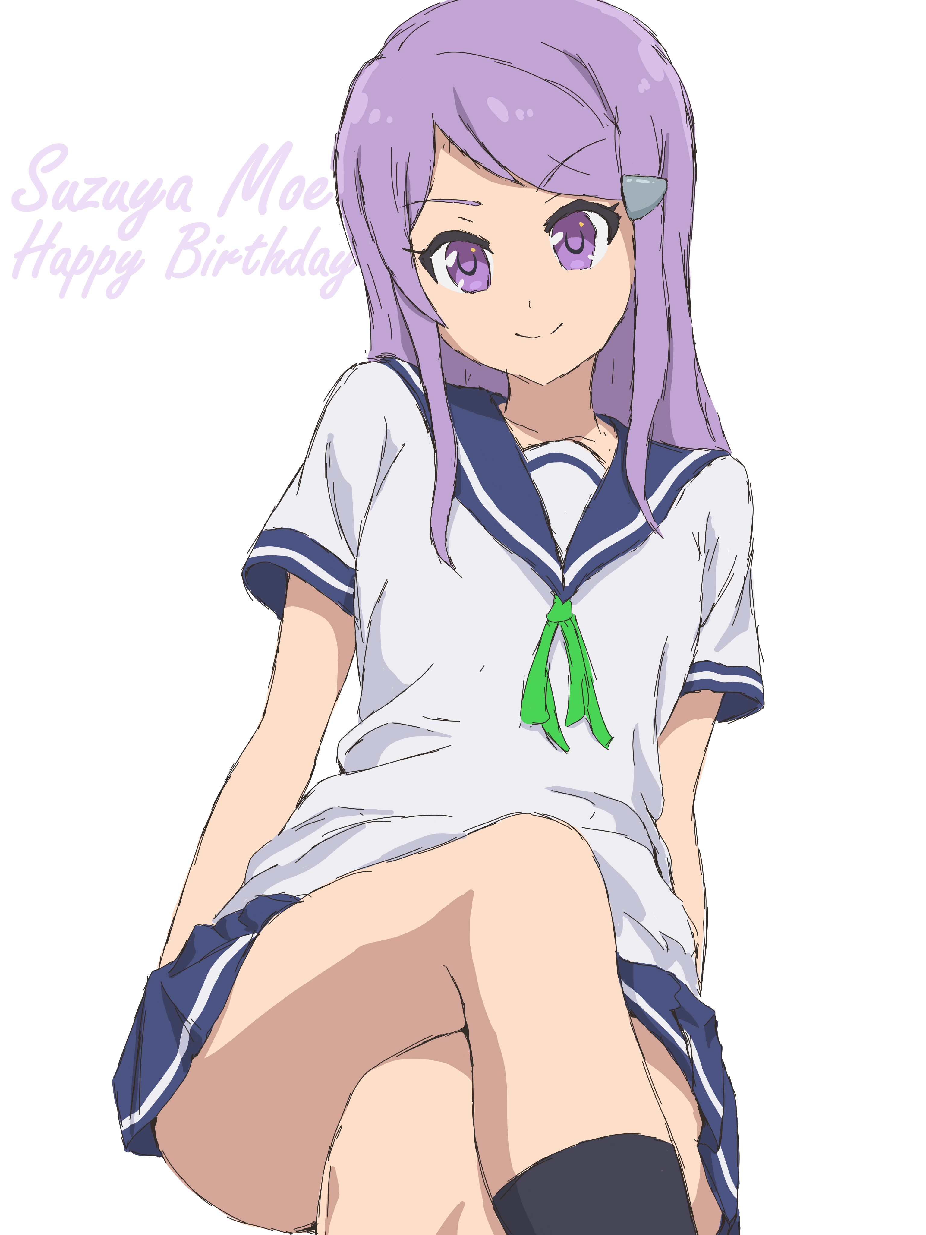 bassa nyanta, suzuya moe, koisuru asteroid, 1girl, birthday, blue sailor collar, blue skirt, character name, collarbone, crossed legs, dot nose, english text, feet out of frame, female focus, hair ornament, hairclip, happy, happy birthday, long hair, looking at viewer, purple eyes, purple hair, ribbon, sailor collar, school uniform, serafuku, shirt, short sleeves, simple background, sitting, skirt, smile, solo, white background, white shirt
