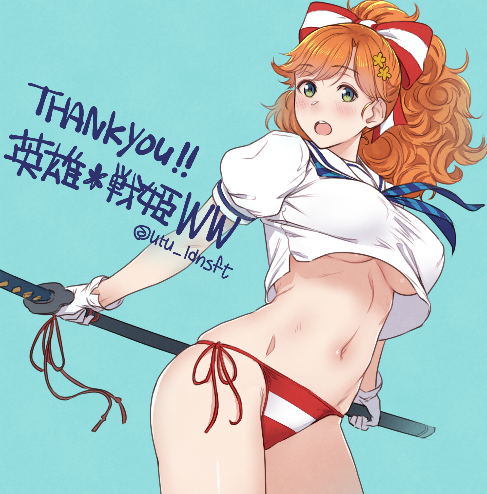 utu (ldnsft), eiyuu senki ww, character request, commentary request, highres, translation request, 1girl, artist name, bikini, blue background, blush, breasts, cowboy shot, cropped shirt, green eyes, holding, holding sword, holding weapon, large breasts, long hair, looking at viewer, navel, open mouth, orange hair, parted bangs, red bikini, sailor collar, shirt, short sleeves, side-tie bikini bottom, simple background, solo, stomach, striped bikini, striped clothes, swept bangs, swimsuit, sword, thank you, underboob, weapon, white sailor collar, white shirt