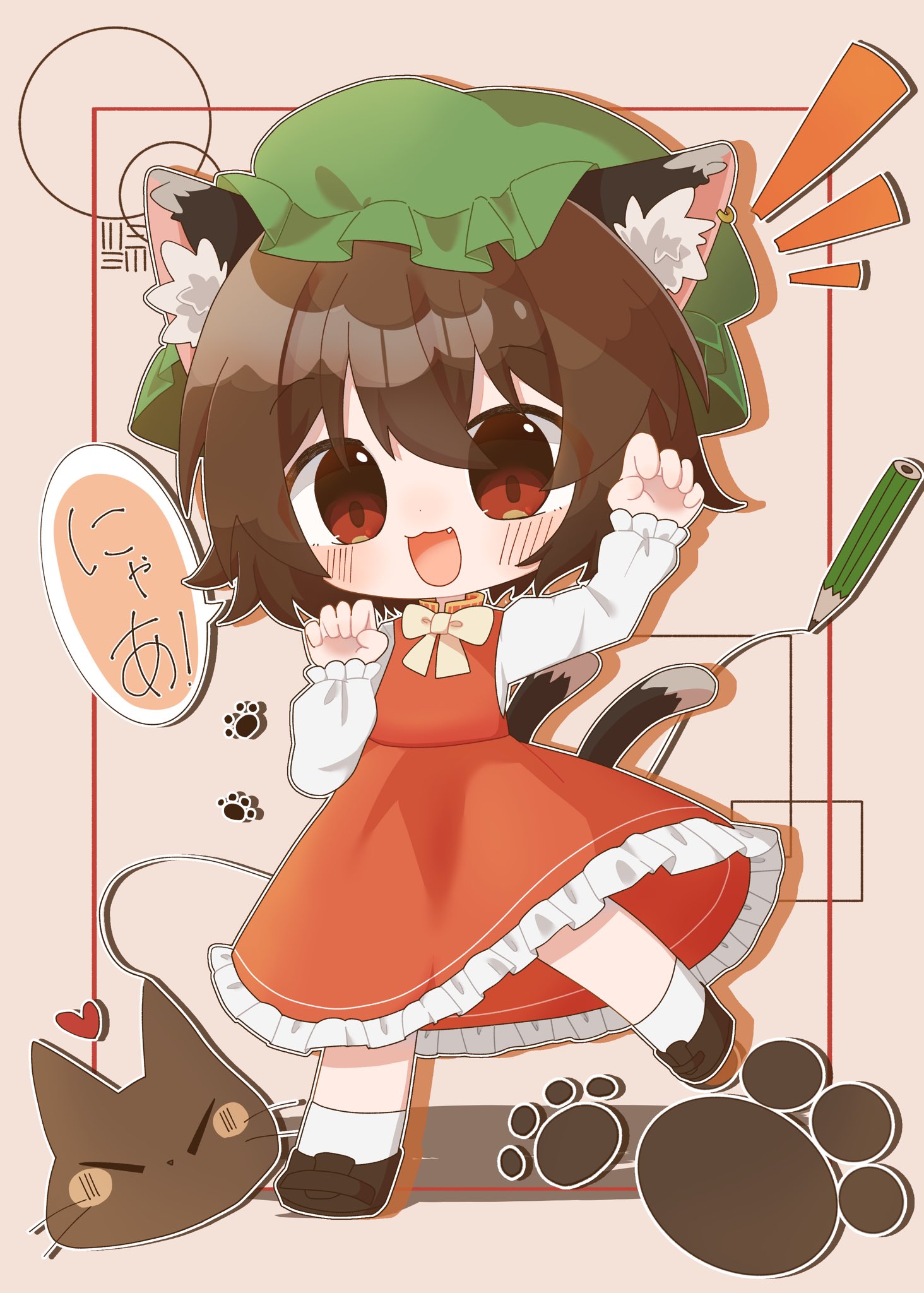 motimotinosiro, chen, touhou, highres, translation request, 1girl, animal ear fluff, animal ear piercing, animal ears, bow, bowtie, brown eyes, brown hair, cat ears, cat tail, chibi, frills, full body, hair between eyes, hands up, happy, hat, long sleeves, looking at viewer, mob cap, multiple tails, nekomata, notice lines, outline, paw pose, paw print, puffy long sleeves, puffy sleeves, red eyes, red skirt, red vest, short hair, skirt, skirt set, solo, standing, standing on one leg, tail, two tails, vest, white bow, white bowtie, white outline