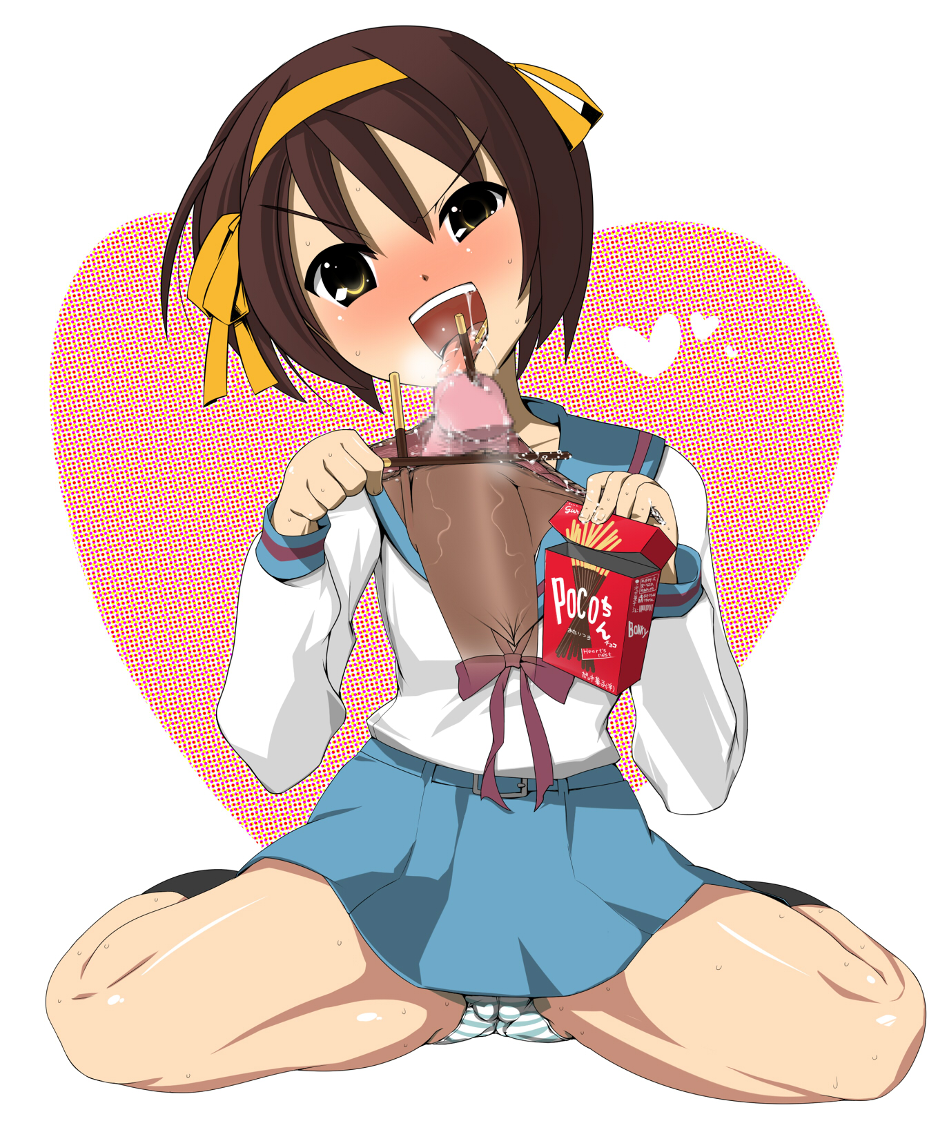 touhou meikyuu, suzumiya haruhi, suzumiya haruhi no yuuutsu, highres, 00s, 1girl, cameltoe, censored, disembodied penis, food, foreskin, foreskin pull, object insertion, open mouth, oral, panties, pantyshot, penis, pocky, school uniform, serafuku, short hair, skirt, solo focus, spread legs, striped clothes, striped panties, underwear, upskirt, urethral insertion