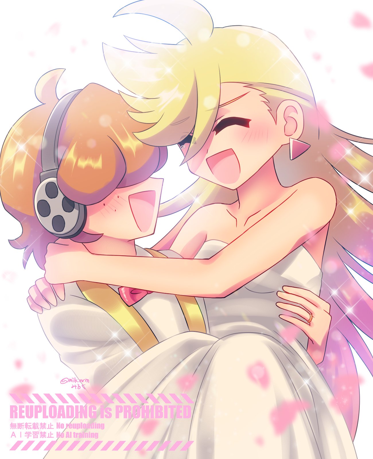 brief (psg), panty (psg), panty & stocking with garterbelt, highres, 1boy, 1girl, armpit crease, bare shoulders, blonde hair, blush, breasts, cleavage, closed eyes, couple, dress, earrings, hair over eyes, happy, headphones, husband and wife, jewelry, long hair, milk (nrm), necktie, orange hair, ring, short hair, smile, tuxedo, wedding, wedding dress, wedding ring