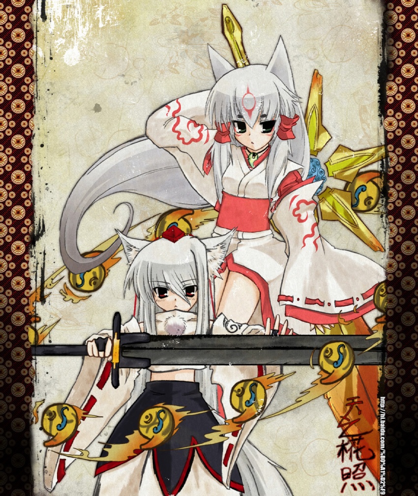 auer, amaterasu (ookami), inubashiri momiji, capcom, ookami (game), touhou, bad id, bad pixiv id, md5 mismatch, 2girls, animal ear fluff, animal ears, crossover, japanese clothes, jewelry, kimono, long hair, magatama, magatama necklace, multiple girls, necklace, personification, sword, tattoo, weapon, white hair, wolf ears
