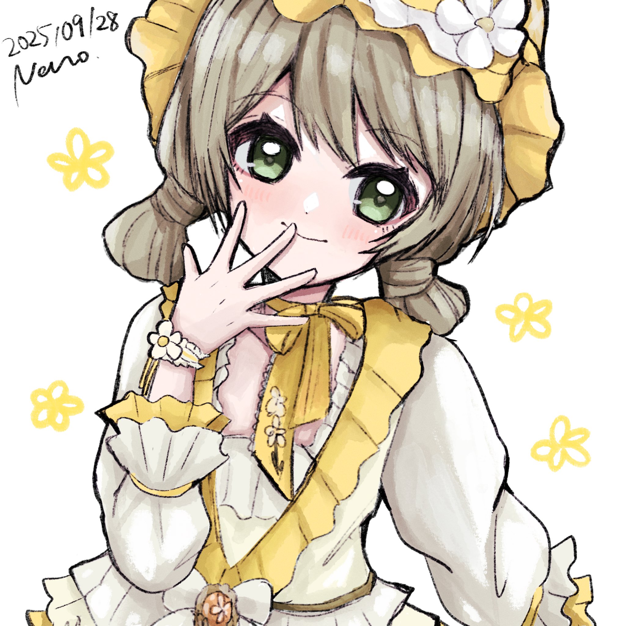 1210 neno, infinity nikki, nikki (series), commentary request, highres, 1girl, bow, bow choker, bowtie, bracelet, brown hair, choker, closed mouth, daisy murmurs (infinity nikki), dated, dot nose, double bun, eyelashes, floral print, flower, flower bracelet, frilled headwear, frilled shirt, frilled sleeves, frills, green eyes, hair between eyes, hair bun, hand to own mouth, happy, hat, hat flower, head tilt, jewelry, lace-trimmed bowtie, light blush, long sleeves, print bow, print bowtie, puffy long sleeves, puffy sleeves, shirt, short hair, signature, simple background, smile, solo, square neckline, tareme, upper body, waist bow, white background, white bow, white flower, white shirt, yellow bow, yellow bowtie, yellow choker, yellow hat