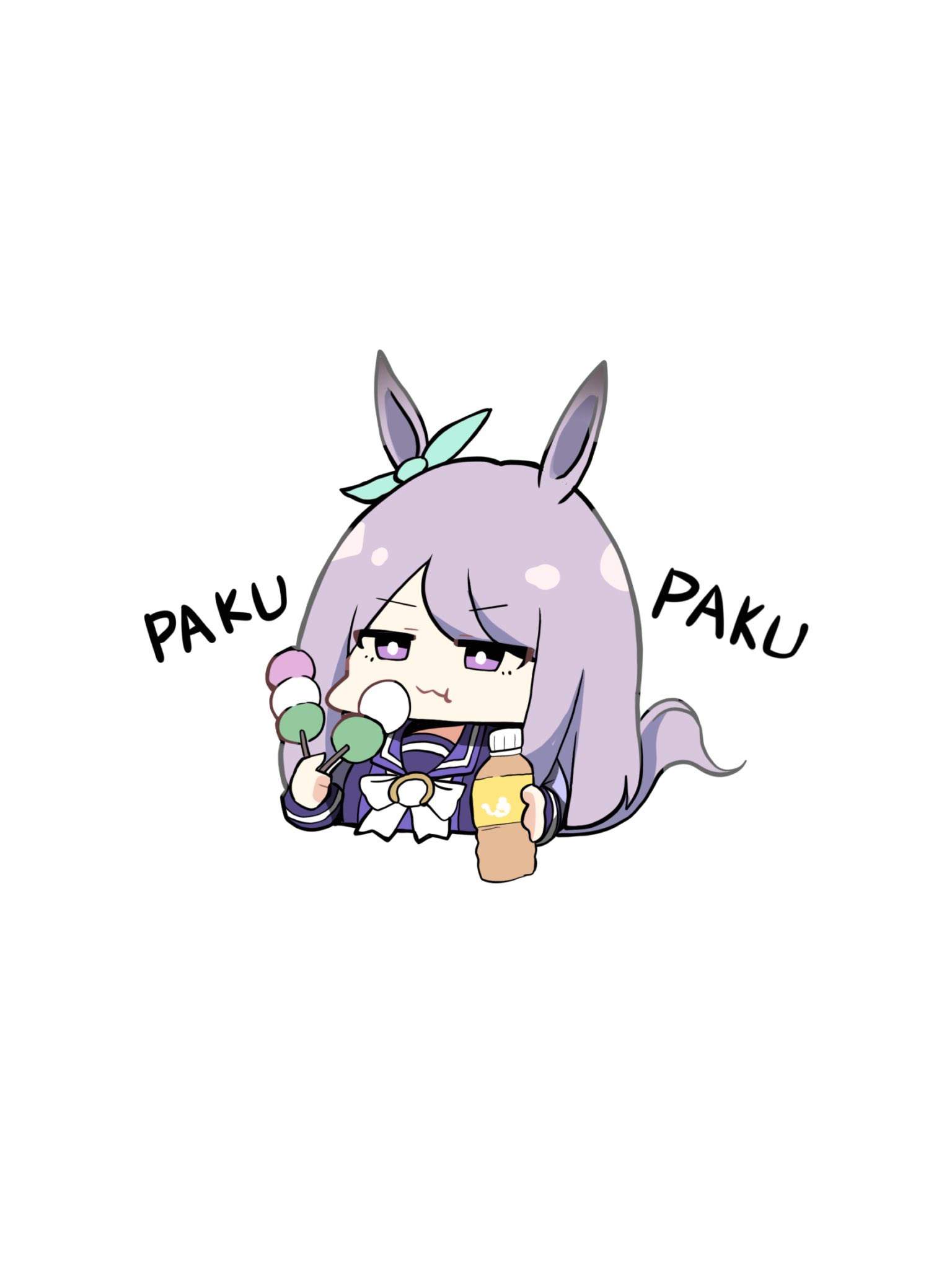 kawamochi (tddm3573), mejiro mcqueen (umamusume), umamusume, highres, 1girl, :t, animal ears, bottle, bow, closed mouth, cropped torso, dango, ear ribbon, food, green ribbon, holding, holding bottle, holding food, horse ears, horse girl, horse tail, long sleeves, paku paku desuwa, purple eyes, purple hair, purple shirt, ribbon, sanshoku dango, school uniform, shirt, simple background, solo, swept bangs, tail, tracen school uniform, upper body, v-shaped eyebrows, wagashi, wavy mouth, white background, white bow