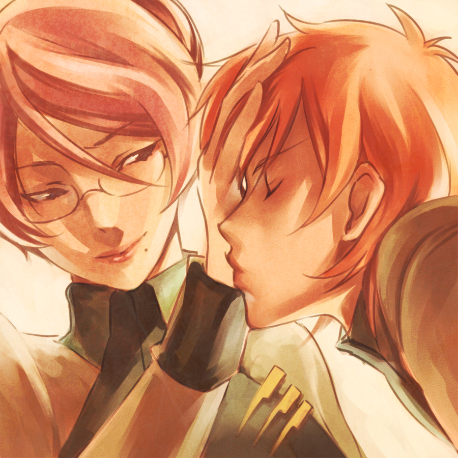 tamachi kuwa, kati mannequin, patrick colasour, gundam, gundam 00, 00s, 1boy, 1girl, black hair, close-up, closed eyes, couple, glasses, hand on another's head, hetero, imminent kiss, lipstick, makeup, military, military uniform, mole, orange hair, pink hair, short hair, smile, turtleneck