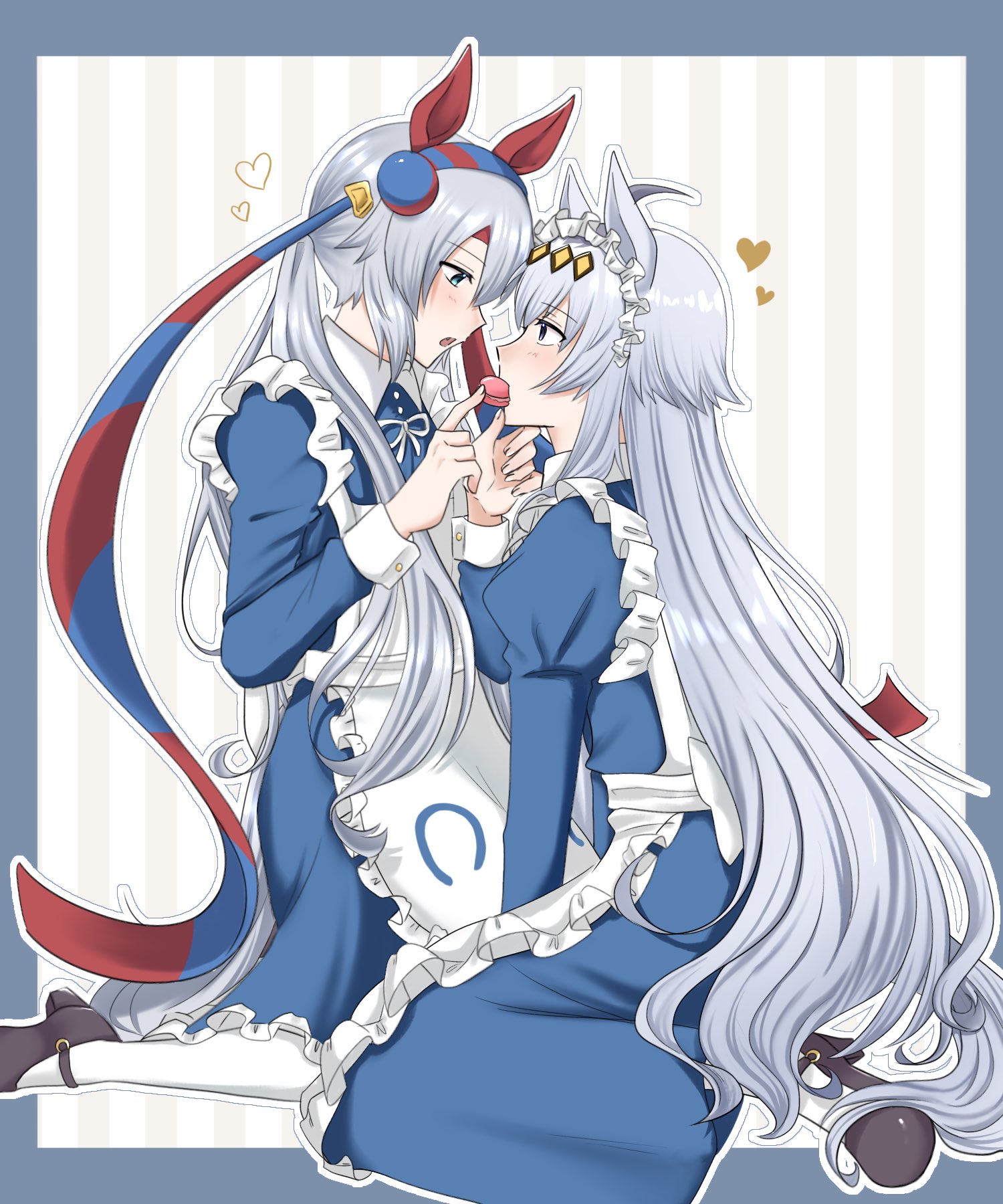 oguri cap (umamusume), tamamo cross (umamusume), umamusume, umamusume: cinderella gray, highres, 2girls, ahoge, animal ears, apron, blue dress, blue eyes, blue hairband, blush, closed mouth, dress, ear covers, ear ornament, eating, feeding, food, food in mouth, grey hair, grey tail, hair between eyes, hair ornament, hairband, headband, heart, horse ears, horse girl, horse tail, imymemine 777, long hair, long sleeves, looking at another, macaron, maid, maid apron, maid headdress, multicolored hair, multiple girls, open mouth, pantyhose, red headband, shoes, striped clothes, striped hairband, tail, twintails, very long hair, white apron, white pantyhose, yuri