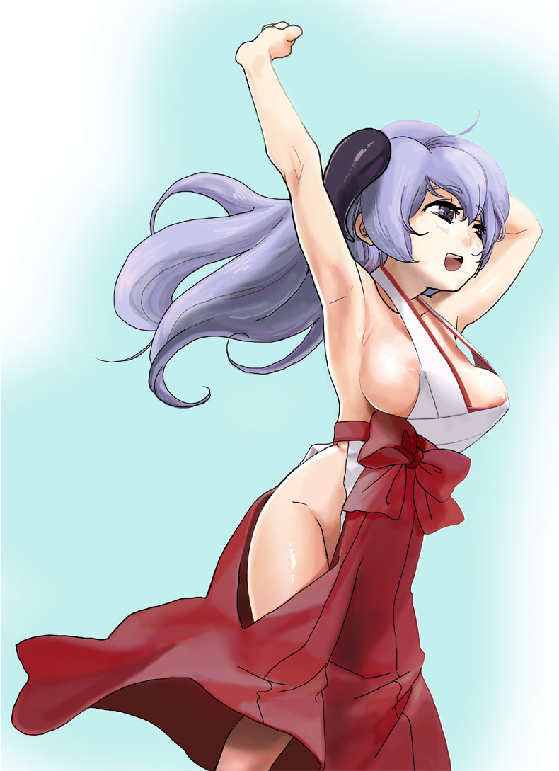 oyatsu (hanyu), hanyuu, higurashi no naku koro ni, bad id, bad pixiv id, 00s, 1girl, adapted uniform, ahoge, areola slip, armpits, breasts, clothing cutout, female focus, hakama, hakama skirt, hip focus, hip vent, horns, japanese clothes, large breasts, long hair, miko, nipple slip, nipples, no bra, no panties, purple eyes, purple hair, red hakama, sideboob, simple background, skirt, smile, solo