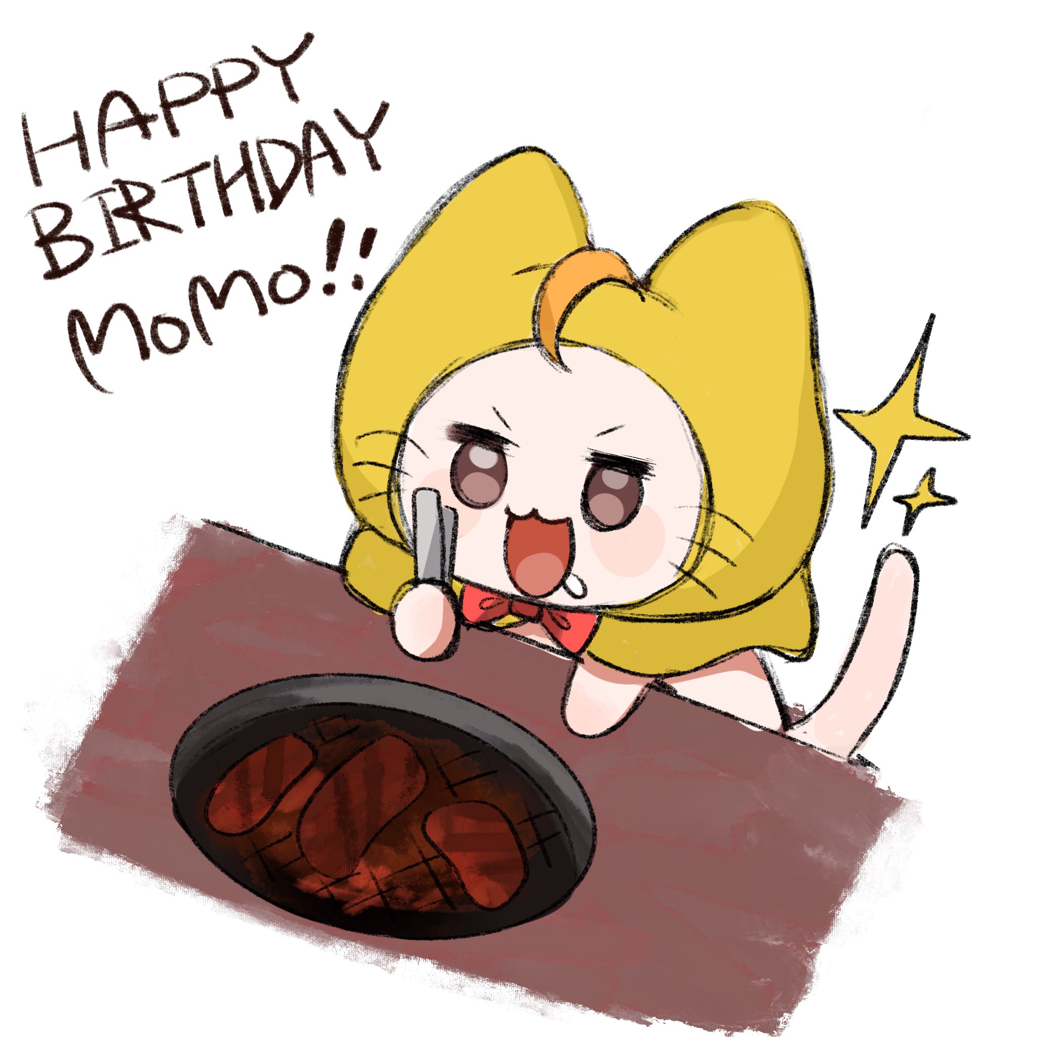 1210 neno, momo (nikki), infinity nikki, nikki (series), commentary request, highres, ahoge, animal, animal focus, blush stickers, bow, bowtie, brown eyes, cat, character name, cloak, clothed animal, drooling, ear covers, eating, english text, food, hands on table, happy, happy birthday, holding, holding tongs, hood, hood up, hooded cloak, looking at viewer, meat, no humans, open mouth, plate, red bow, red bowtie, simple background, smile, solo, sparkle, tongs, traditional bowtie, v-shaped eyebrows, whiskers, white background, white cat, yellow cloak