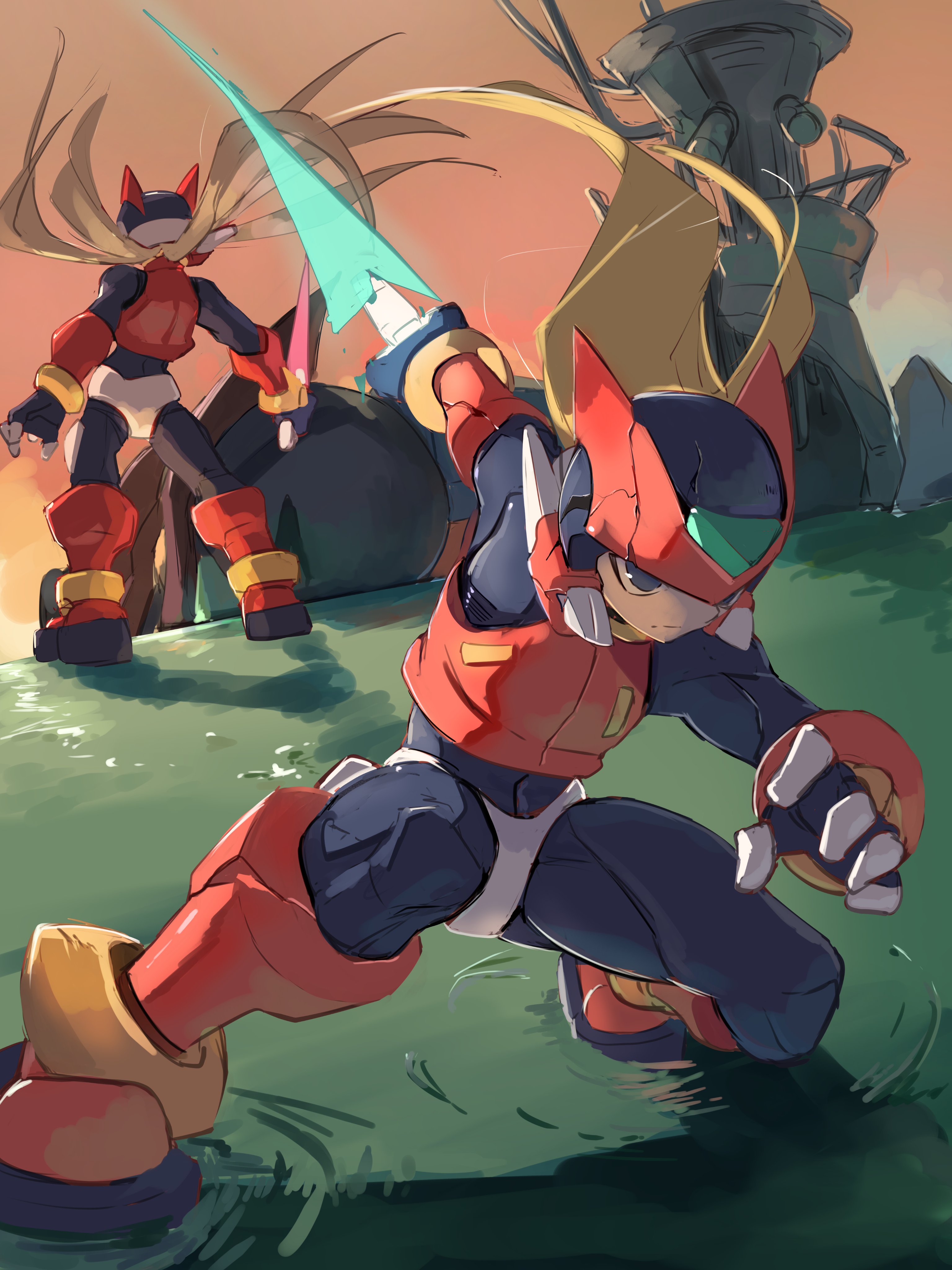 omochi (mochi skymega), omega (mega man), zero(z) (mega man), zero (mega man), mega man (series), mega man zero (series), mega man zero 3, absurdres, highres, 2boys, armor, black eyes, blonde hair, energy sword, helmet, holding, holding sword, holding weapon, long hair, male focus, multiple boys, red armor, red helmet, solo focus, sword, weapon, z saber