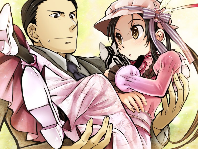 akira (kaned fools), angelica derleth, howard phillips, shikkoku no sharnoth, steampunk (liarsoft), game cg, 1boy, 1girl, baby animal, carrying, cat, kitten, princess carry