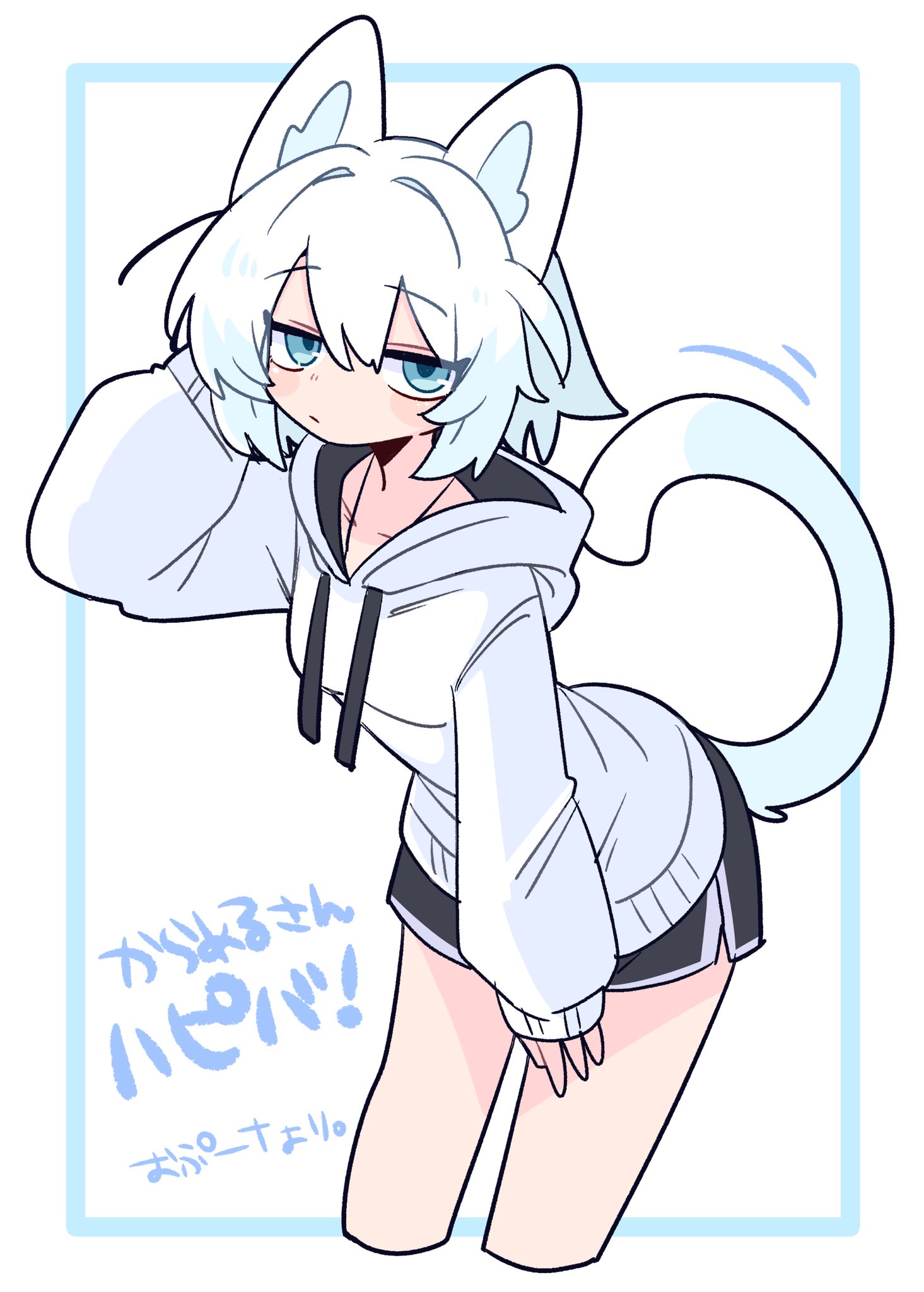 op na yarou, original, commentary, highres, 1girl, :/, animal ear fluff, animal ears, black shorts, blue eyes, borrowed character, breasts, cat ears, cat girl, cat tail, closed mouth, collarbone, cowboy shot, cowlick, dolphin shorts, drawstring, expressionless, hair between eyes, hair intakes, hand in own hair, hand up, hood, hoodie, jitome, leaning forward, light blush, long sleeves, looking at viewer, loose hair strand, medium hair, messy hair, no nose, raised eyebrows, short shorts, shorts, sidelocks, simple background, sleeves past wrists, small breasts, solo, standing, tail, thighs, white background, white hair, white hoodie, white tail