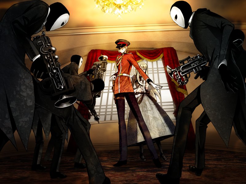 akira (kaned fools), mary clarissa christie, sebastian moran, shikkoku no sharnoth, steampunk (liarsoft), game cg, 2girls, aiguillette, from below, mask, multiple girls, weapon