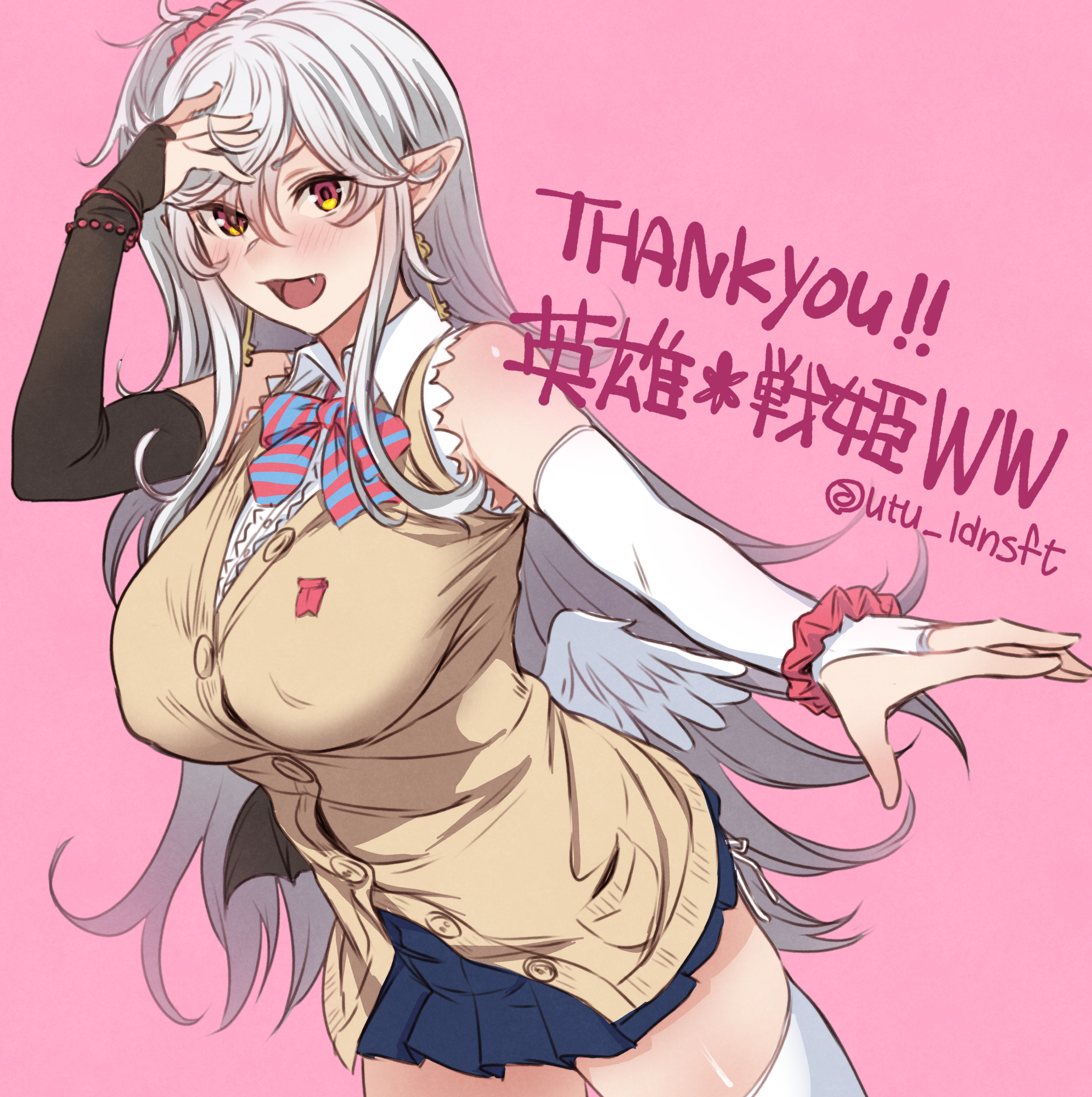 utu (ldnsft), dante alighieri (eiyuu senki), eiyuu senki ww, commentary request, highres, translation request, 1girl, artist name, bare shoulders, black bridal gauntlets, blue skirt, blush, breasts, bridal gauntlets, cardigan vest, cowboy shot, fang, hair between eyes, hair ornament, hair scrunchie, large breasts, long hair, looking at viewer, miniskirt, mismatched bridal gauntlets, open mouth, parted bangs, pink background, pink scrunchie, pleated skirt, pointy ears, scrunchie, simple background, skirt, sleeveless, smile, solo, thank you, vest, white bridal gauntlets, white hair, wrist scrunchie, yellow eyes, yellow vest