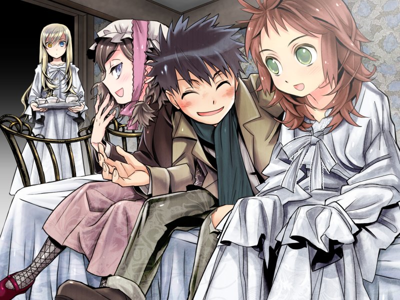akira (kaned fools), elly beinhorn, henri, keynes, mary clarissa christie, shikkoku no sharnoth, steampunk (liarsoft), game cg, 1boy, 3girls, :d, :o, ^ ^, bed, bed sheet, beret, black hair, blush, brown hair, chair, closed eyes, green eyes, hat, heterochromia, indoors, multiple girls, on bed, open mouth, parted lips, pink hair, sitting, smile, standing