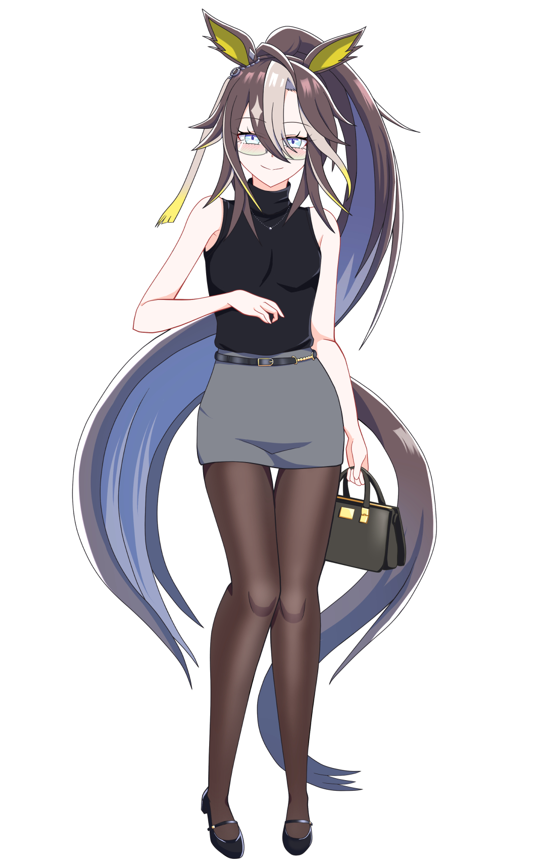 kei (nittotiru), dream journey (umamusume), umamusume, commentary request, highres, 1girl, alternate costume, alternate hairstyle, animal ears, bag, belt, black bag, black belt, black shoes, blush, breasts, brown hair, chain, closed mouth, ear ornament, grey skirt, hair between eyes, handbag, holding, holding bag, horse ears, horse girl, horse tail, long hair, multicolored hair, pantyhose, pencil skirt, ponytail, rimless eyewear, shoes, simple background, skirt, sleeveless, small breasts, smile, solo, streaked hair, sweater, tail, turtleneck, turtleneck sweater, very long hair, white background, white hair