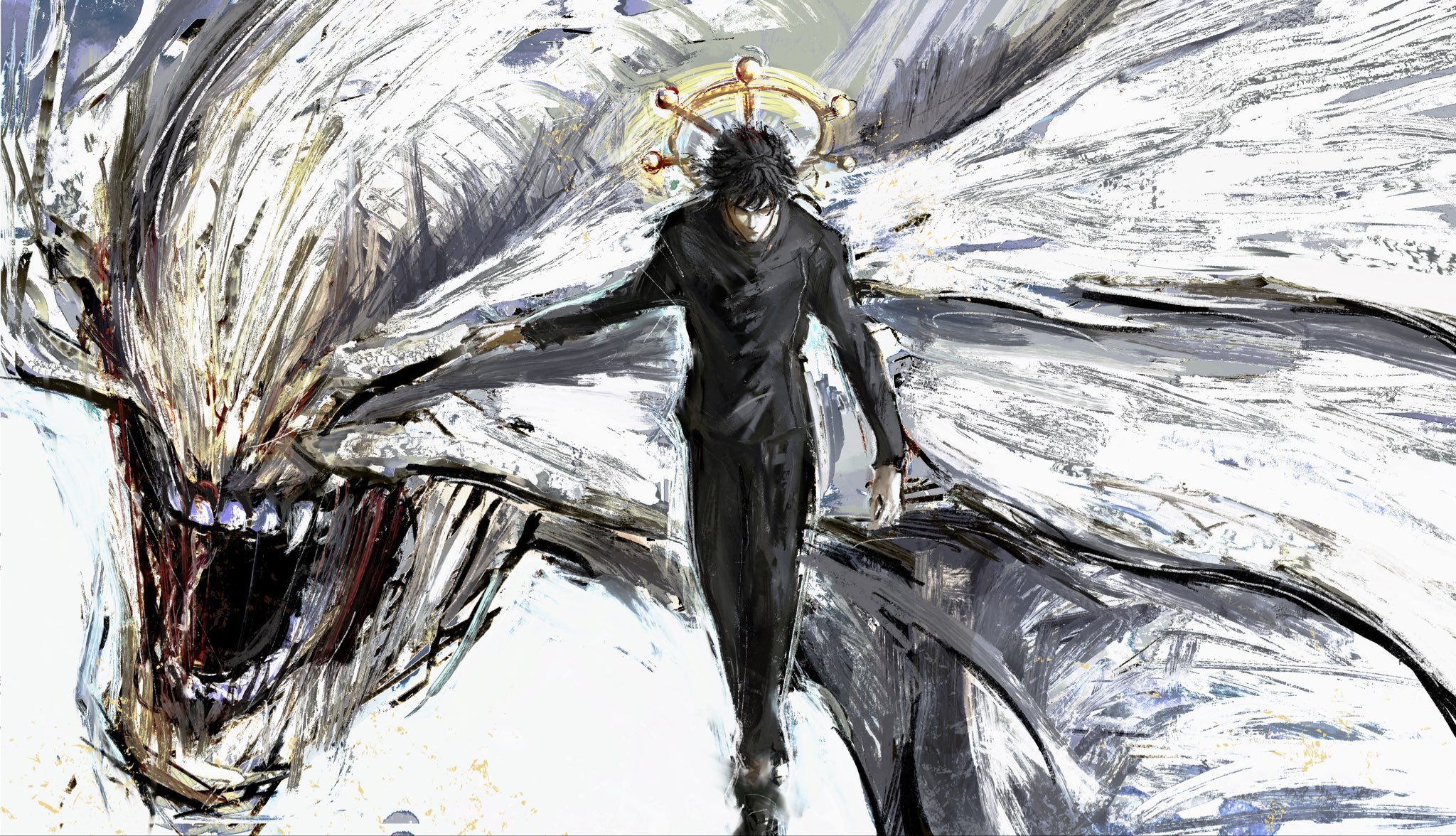 kyezzzz, fushiguro megumi, mahoraga (jujutsu kaisen), jujutsu kaisen, highres, 1boy, 1other, angry, black hair, eight-handed wheel, full body, gakuran, jujutsu tech uniform, long sleeves, open mouth, school uniform, short hair, teeth, wheel of dharma